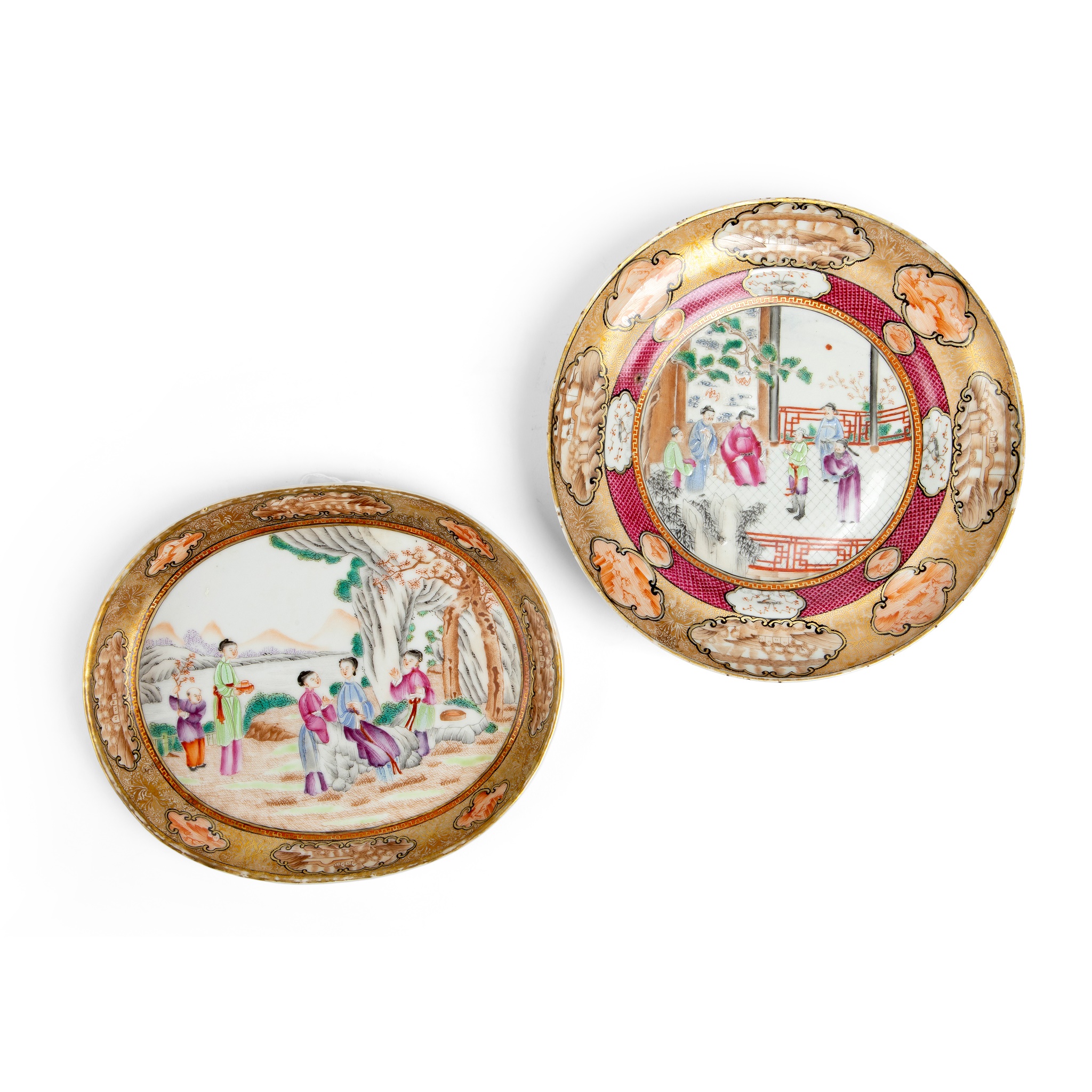 TWO GILT-DECORATED CANTON FAMILLE ROSE PLATES