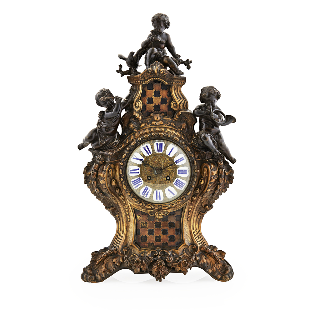 FRENCH PATINATED AND GILT BRONZE MANTEL CLOCK