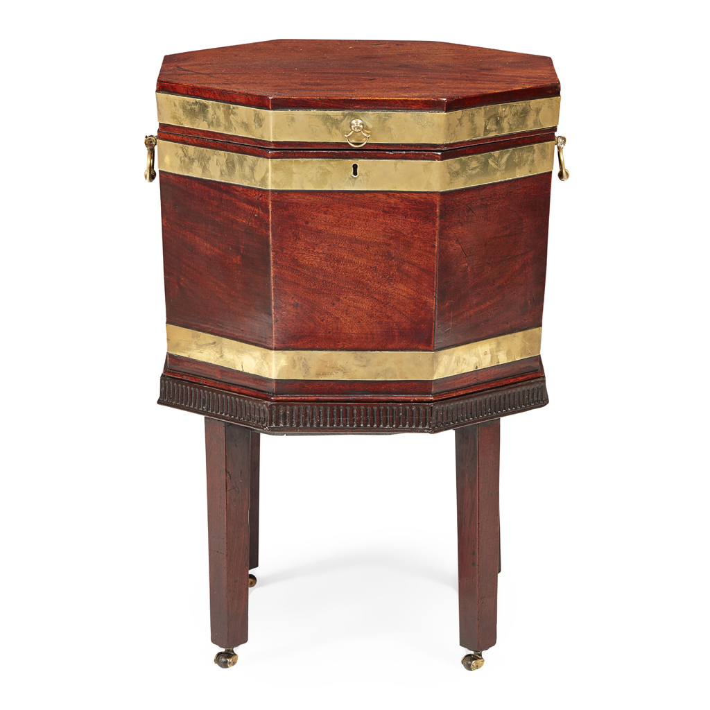 GEORGE III MAHOGANY BRASS BANDED OCTAGONAL WINE COOLER