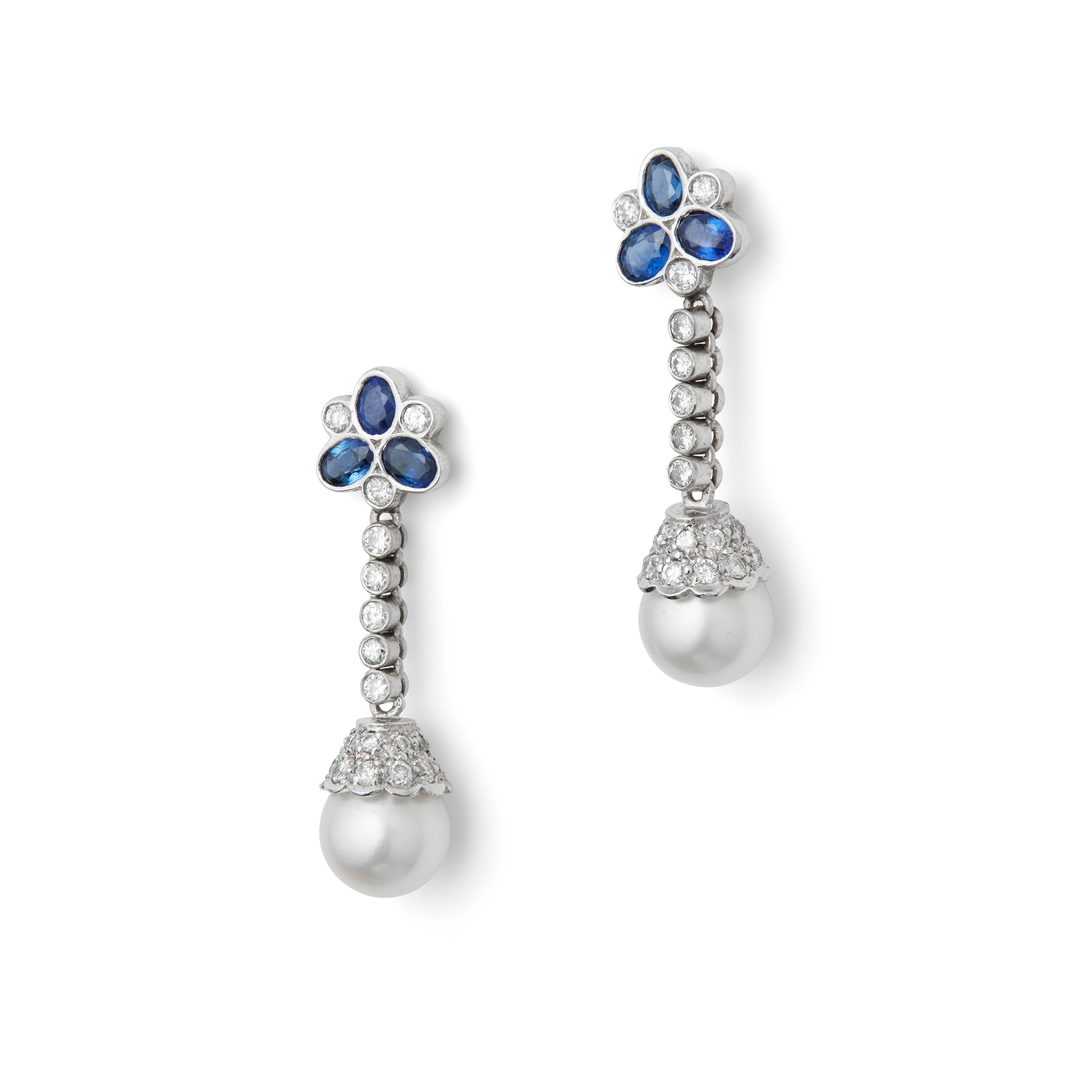 A pair of 18ct gold sapphire, diamond and pearl pendent earrings