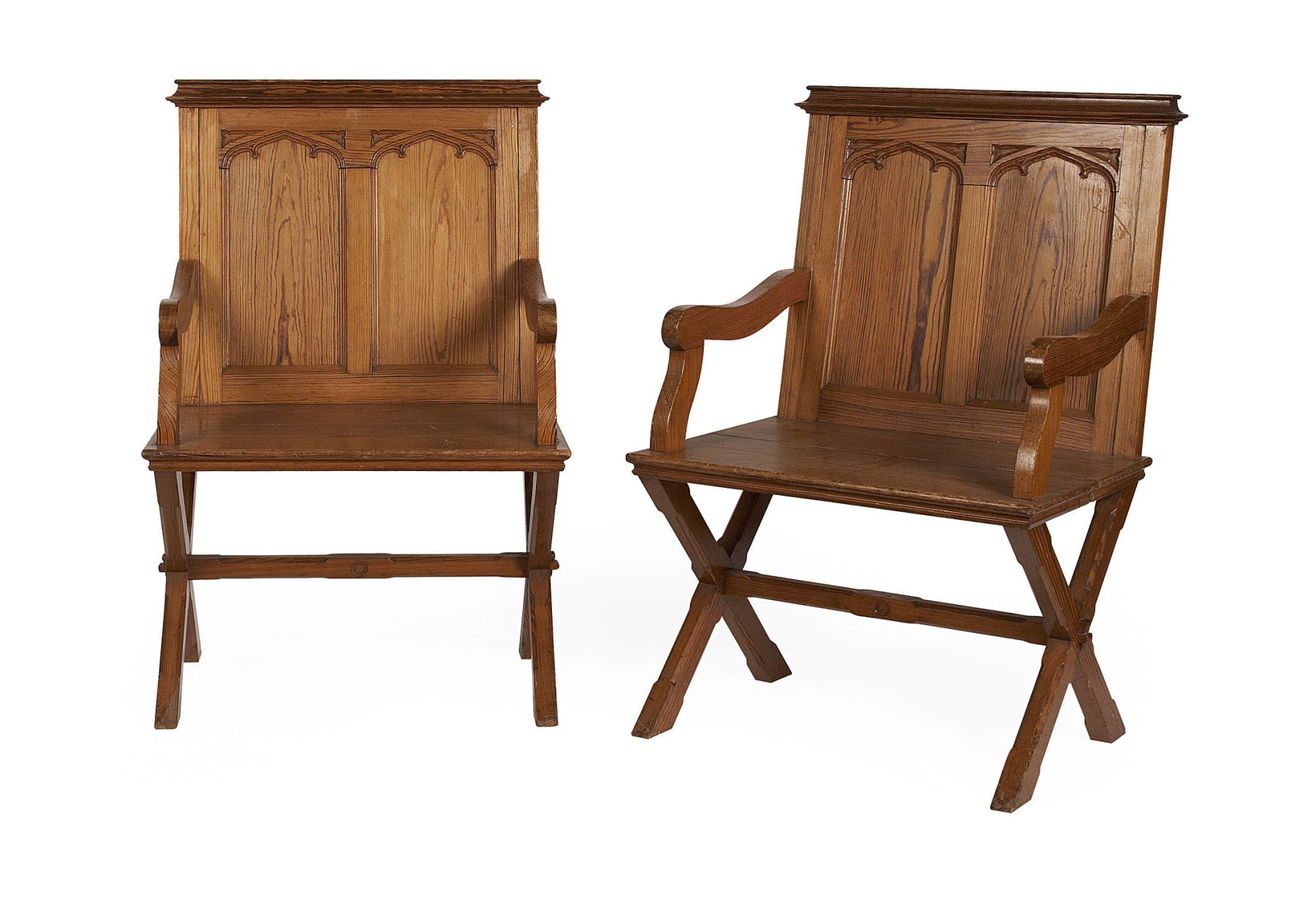 PAIR OF VICTORIAN GOTHIC PITCH PINE ARMCHAIRS