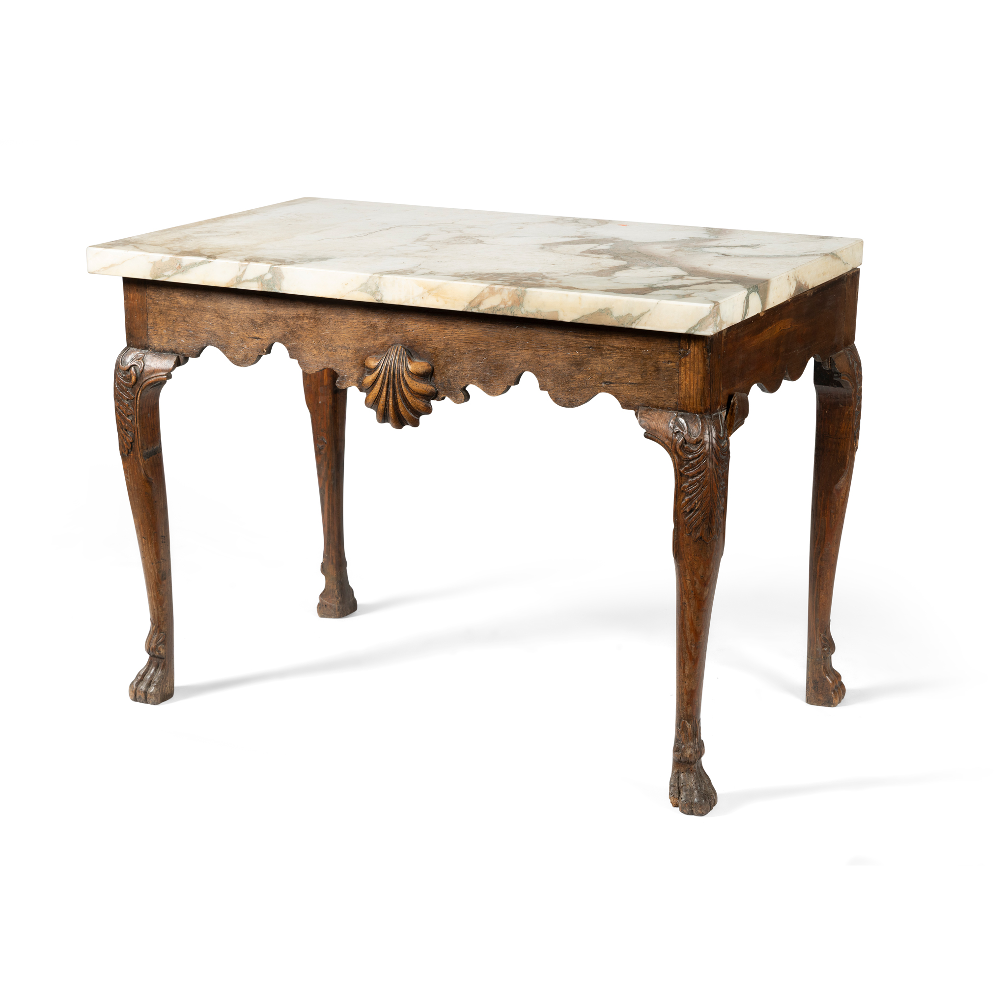 AN OAK AND MARBLE TOP SIDE TABLE