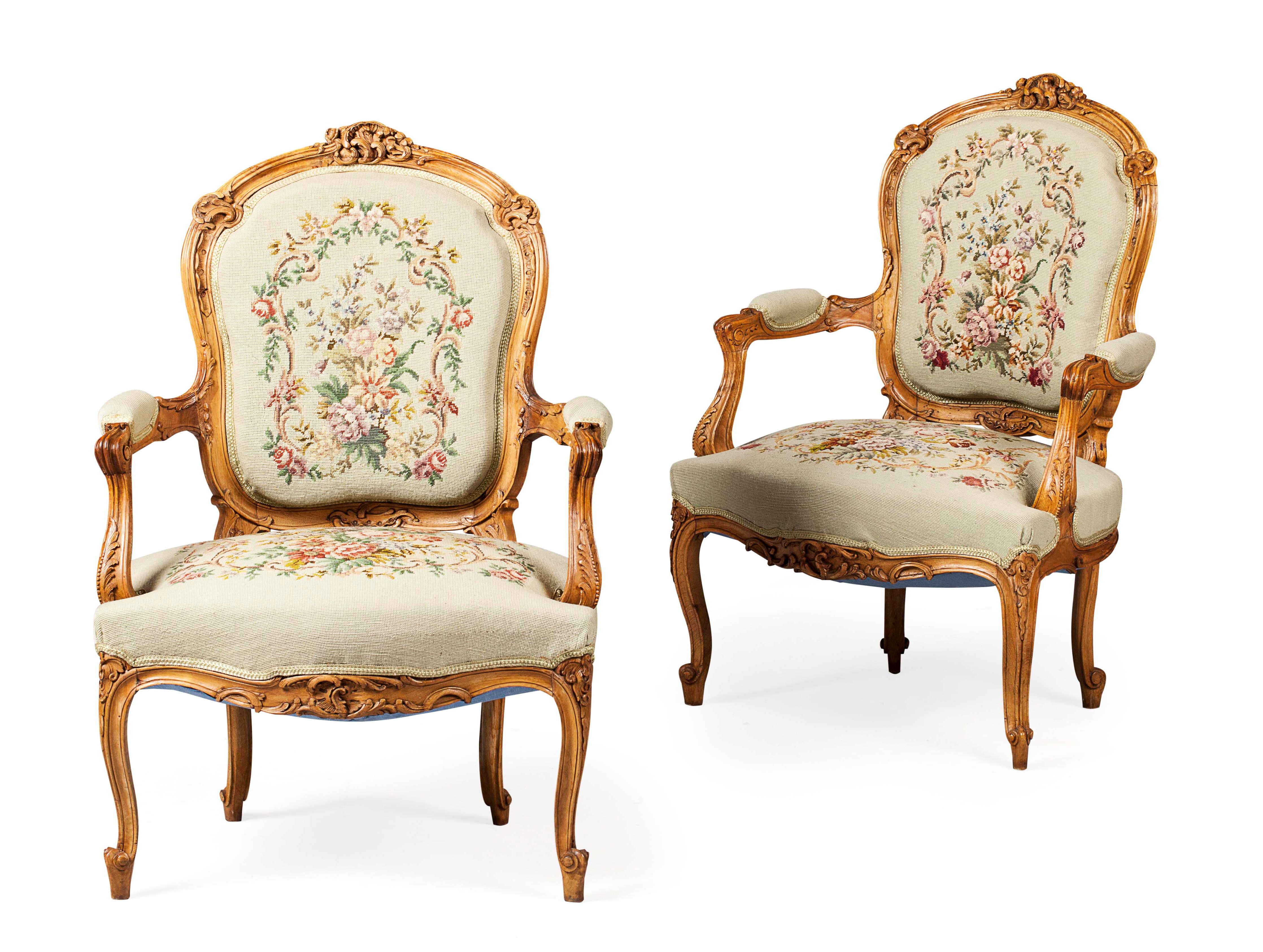 PAIR OF LOUIS XV STYLE WALNUT NEEDLEWORK UPHOLSTERED FAUTEUILS
