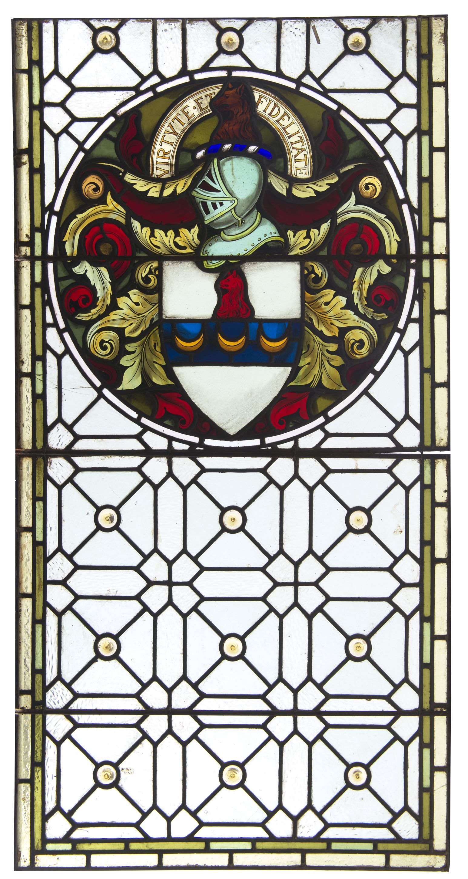 ARMORIAL STAINED AND LEADED GLASS PANEL,