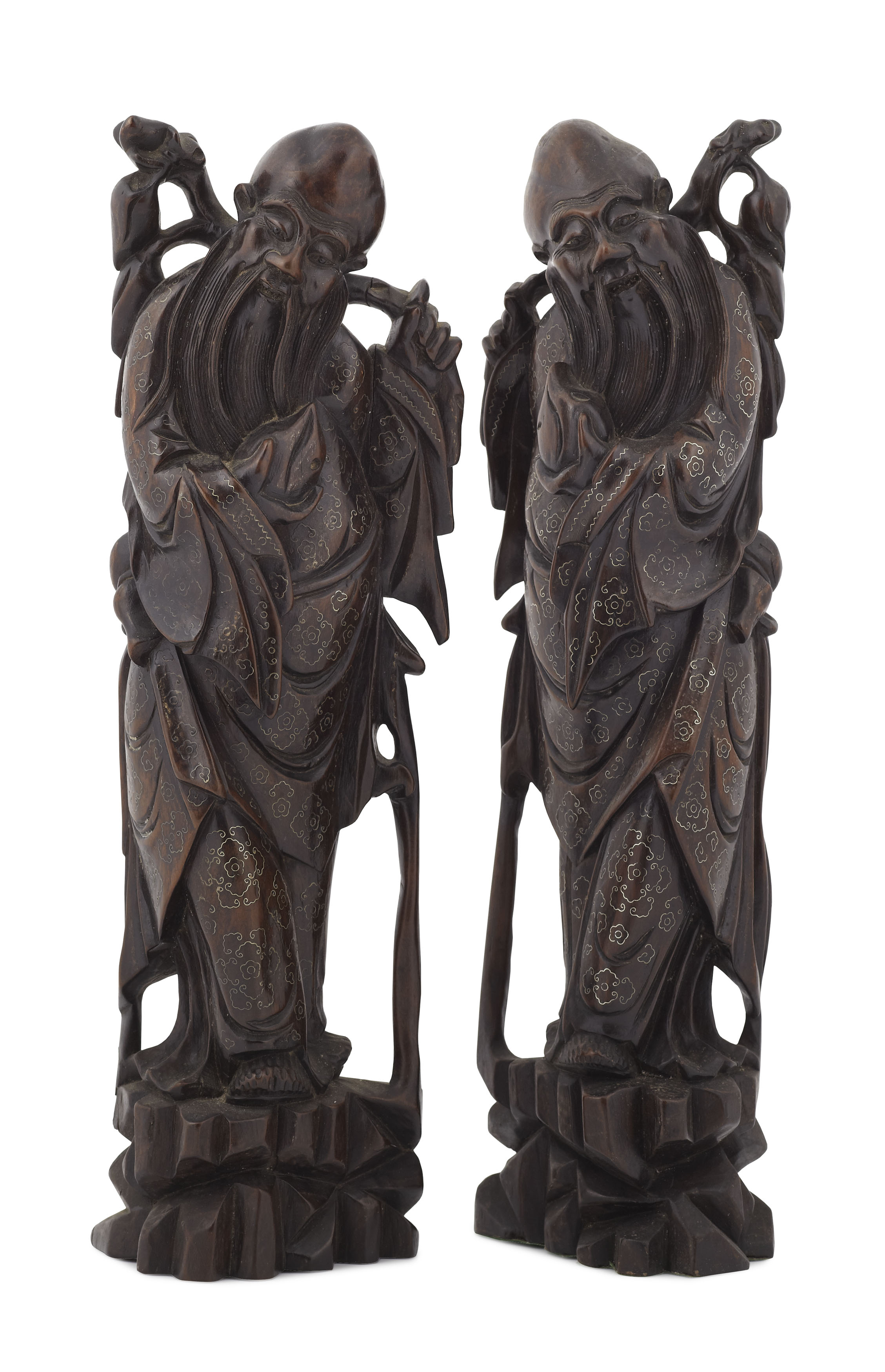 PAIR OF CHINESE CARVED HARDWOOD FIGURES OF SHOU LAO