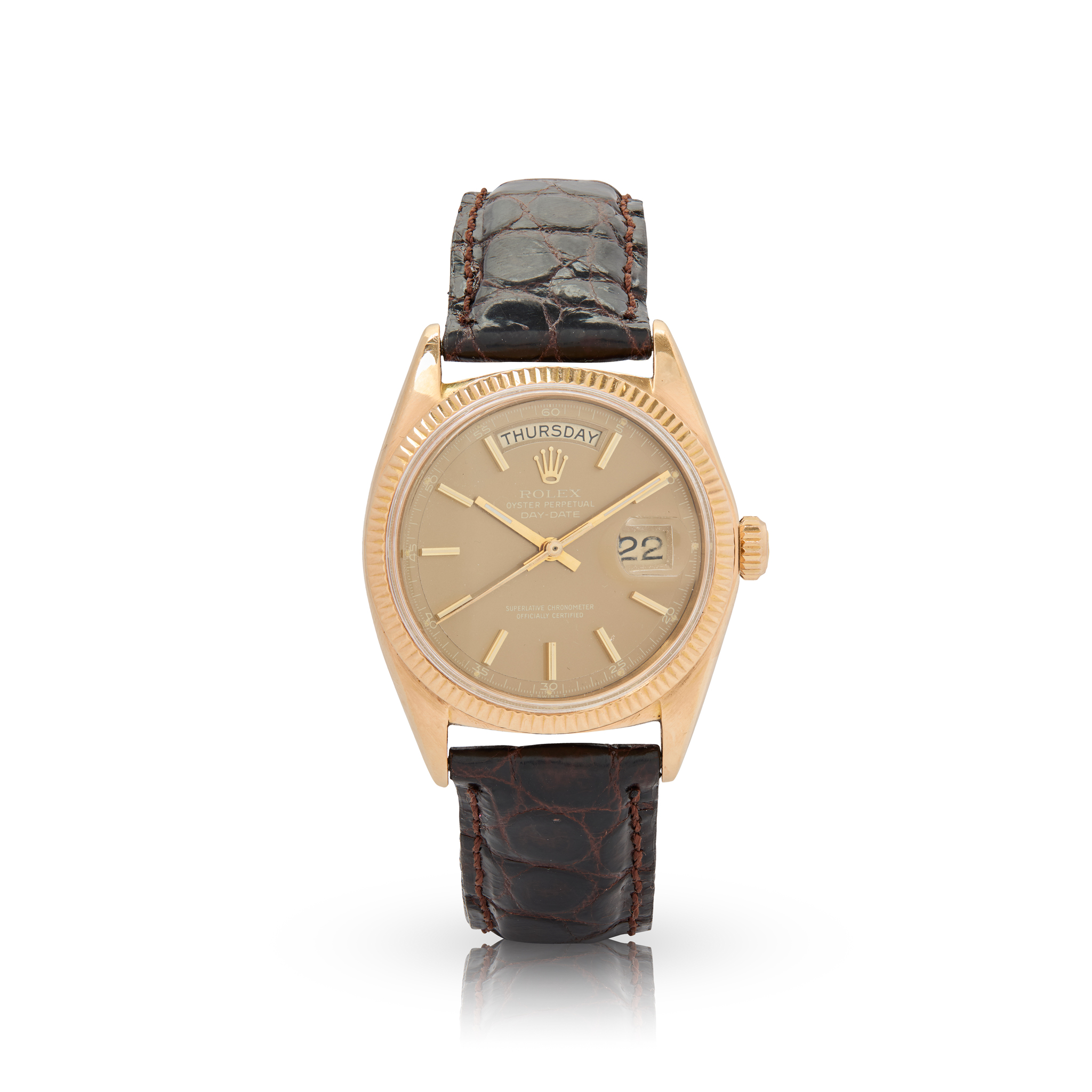 Rolex. A fine and rare 18k pink gold automatic wristwatch with day and date