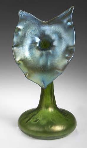A Loetz 'Jack-in-the-Pulpit' iridescent green glass vase,