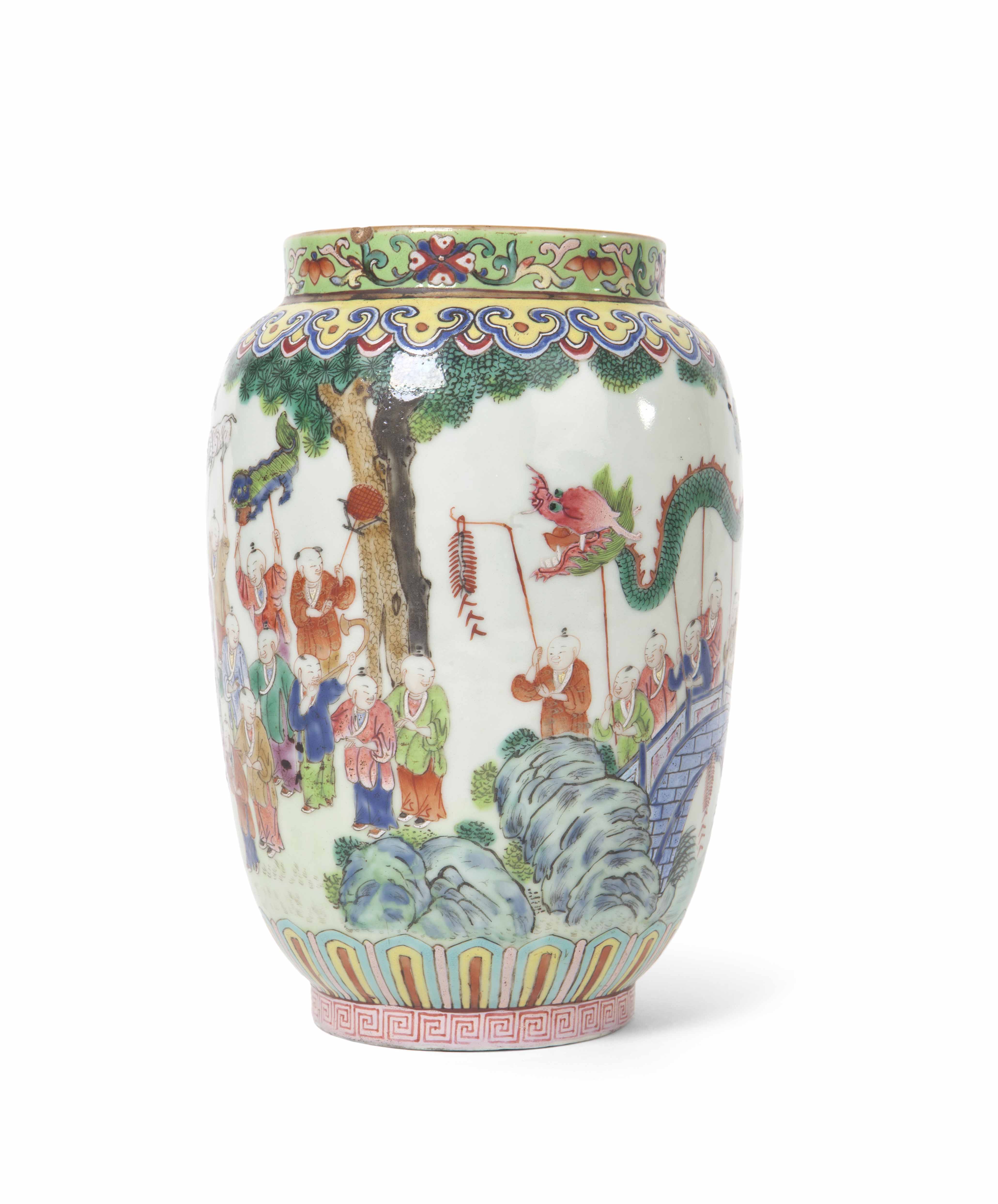 FAMILLE ROSE 'HUNDRED BOYS' LANTERN VASE