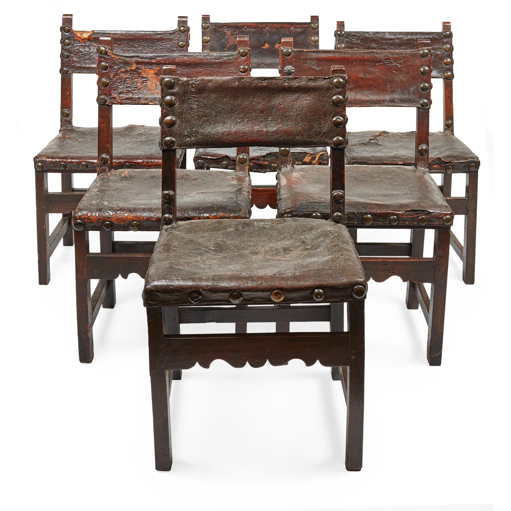 SET OF EIGHT SPANISH WALNUT AND LEATHER CHAIRS