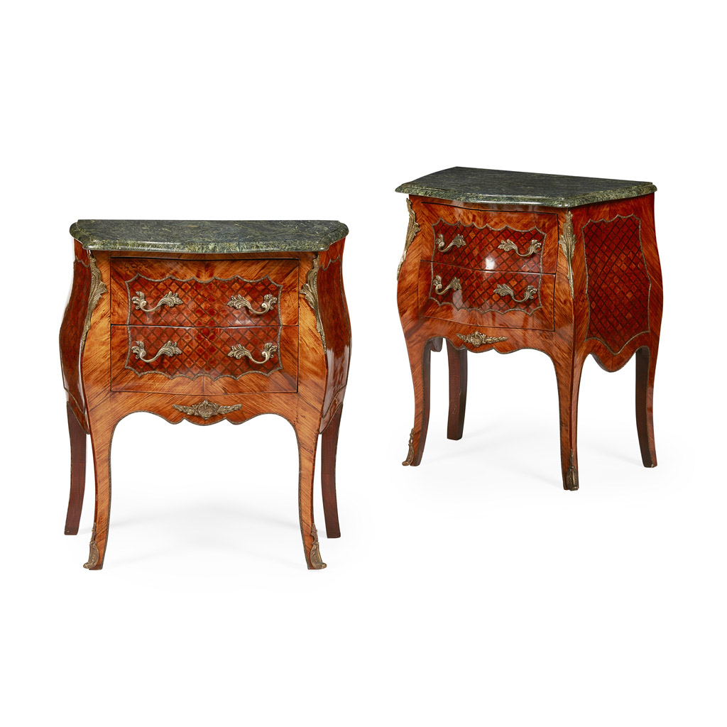PAIR OF LOUIS XV STYLE KINGWOOD AND AMARANTH MARQUETRY SMALL COMMODES