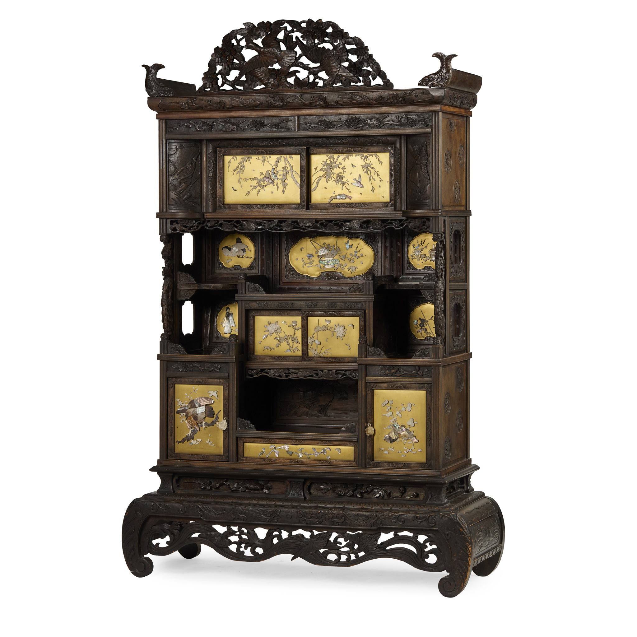 JAPANESE CARVED SOFTWOOD AND LACQUERED SHIBAYAMA DISPLAY CABINET 'CHIGAIDANSU'