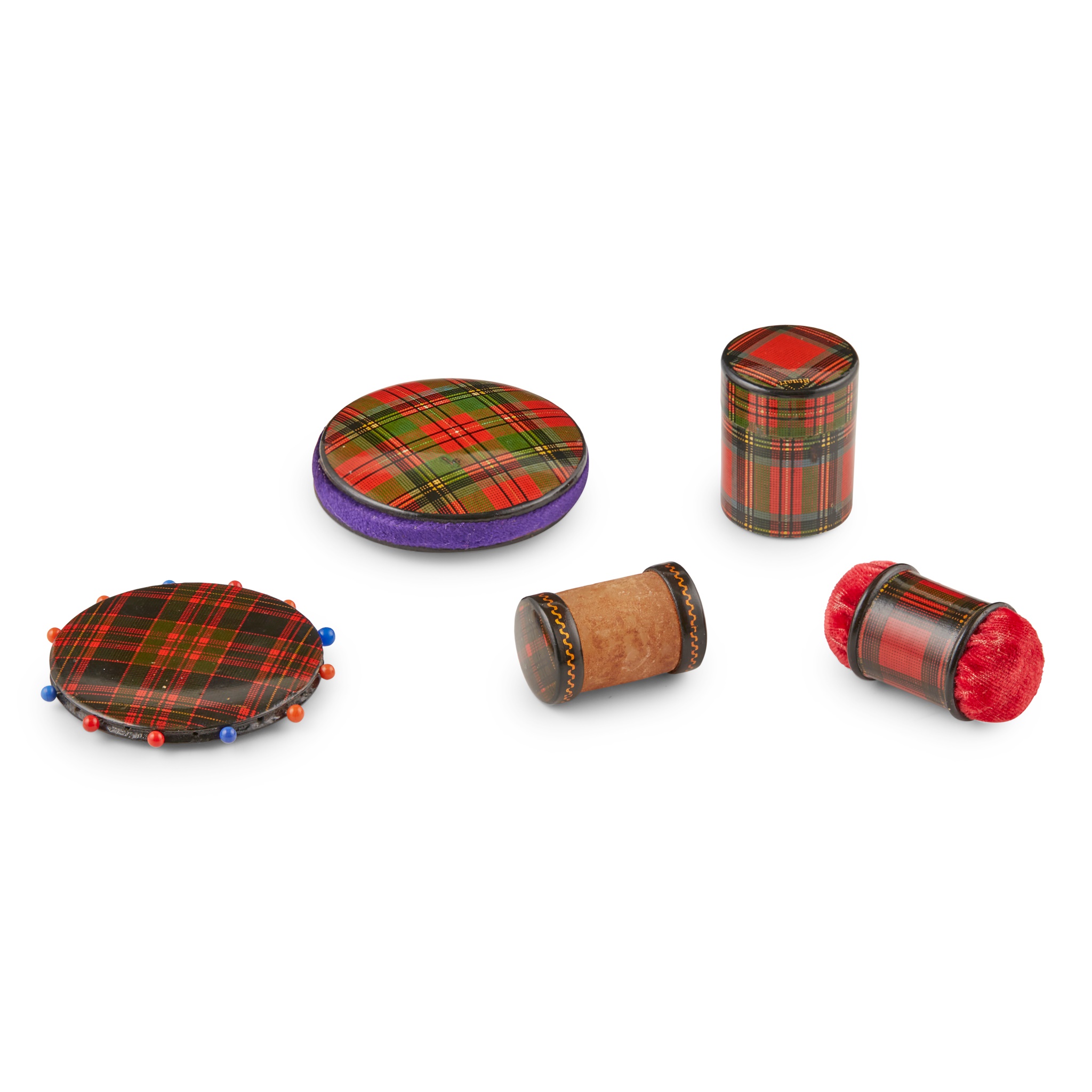 A SET OF FIVE TARTANWARE SEWING ITEMS