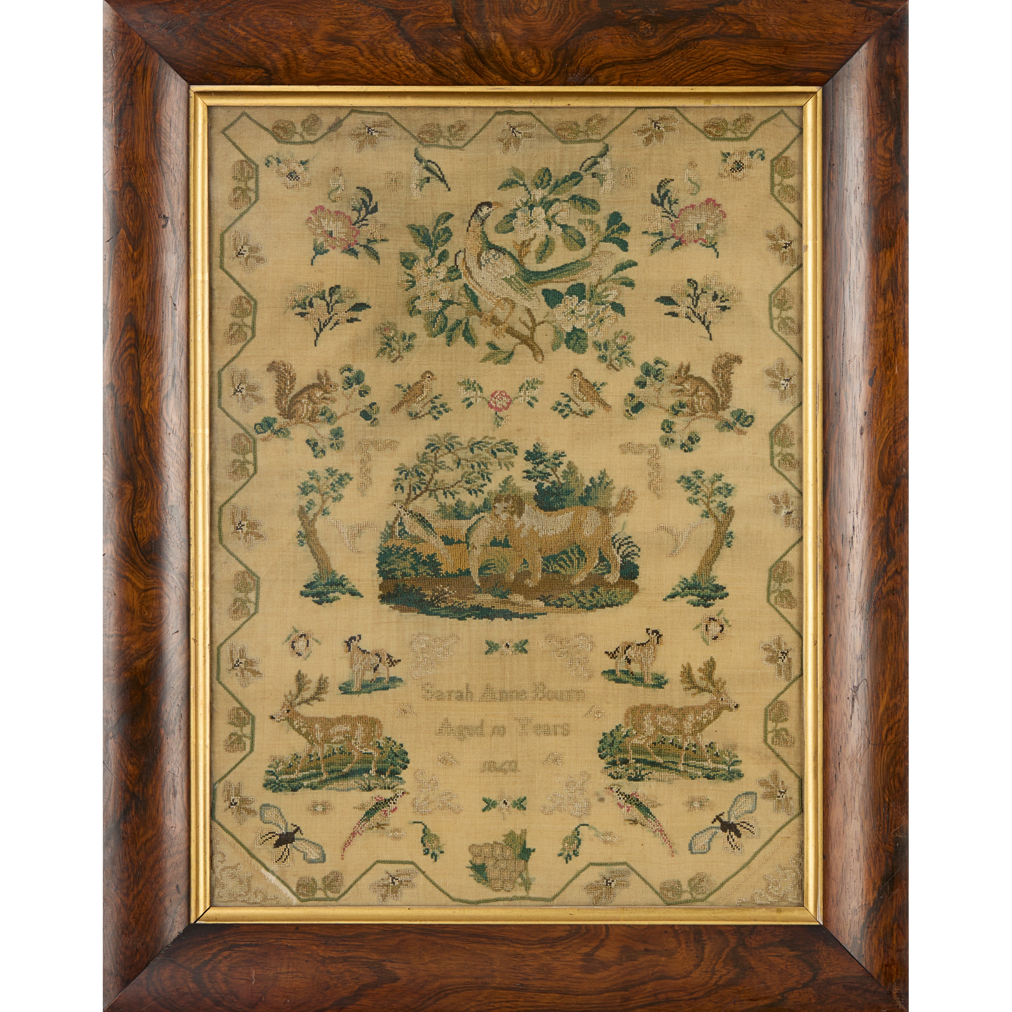 EARLY VICTORIAN NEEDLEWORK SAMPLER, BY SARAH ANN BOURN