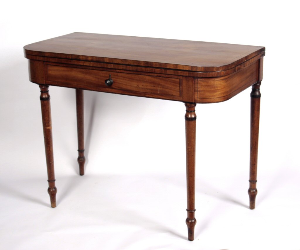 MAHOGANY AND EBONY STRUNG FOLDOVER TEA TABLE