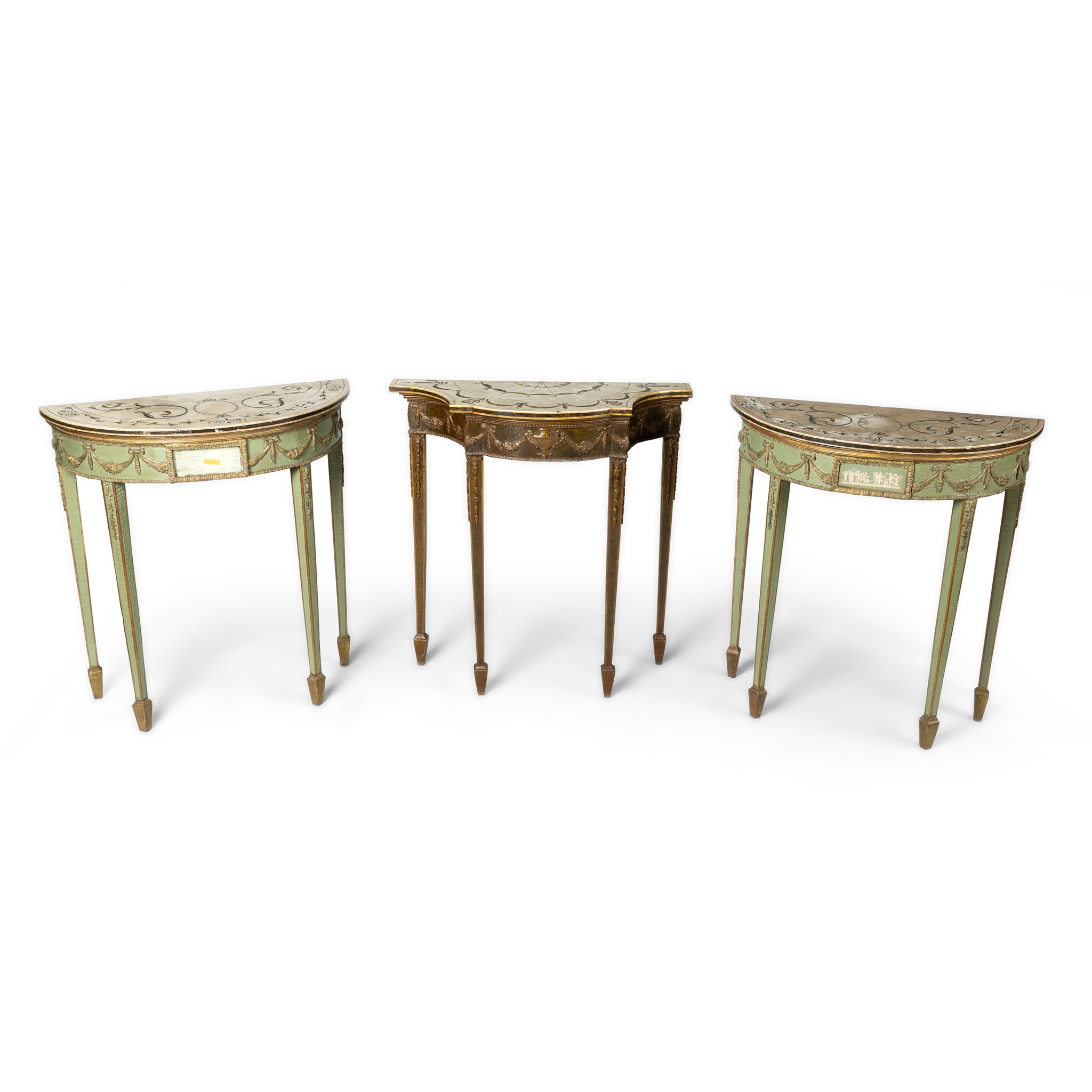 A PAIR OF GREEN PAINTED AND GILT DECORATED CONSOLE TABLES