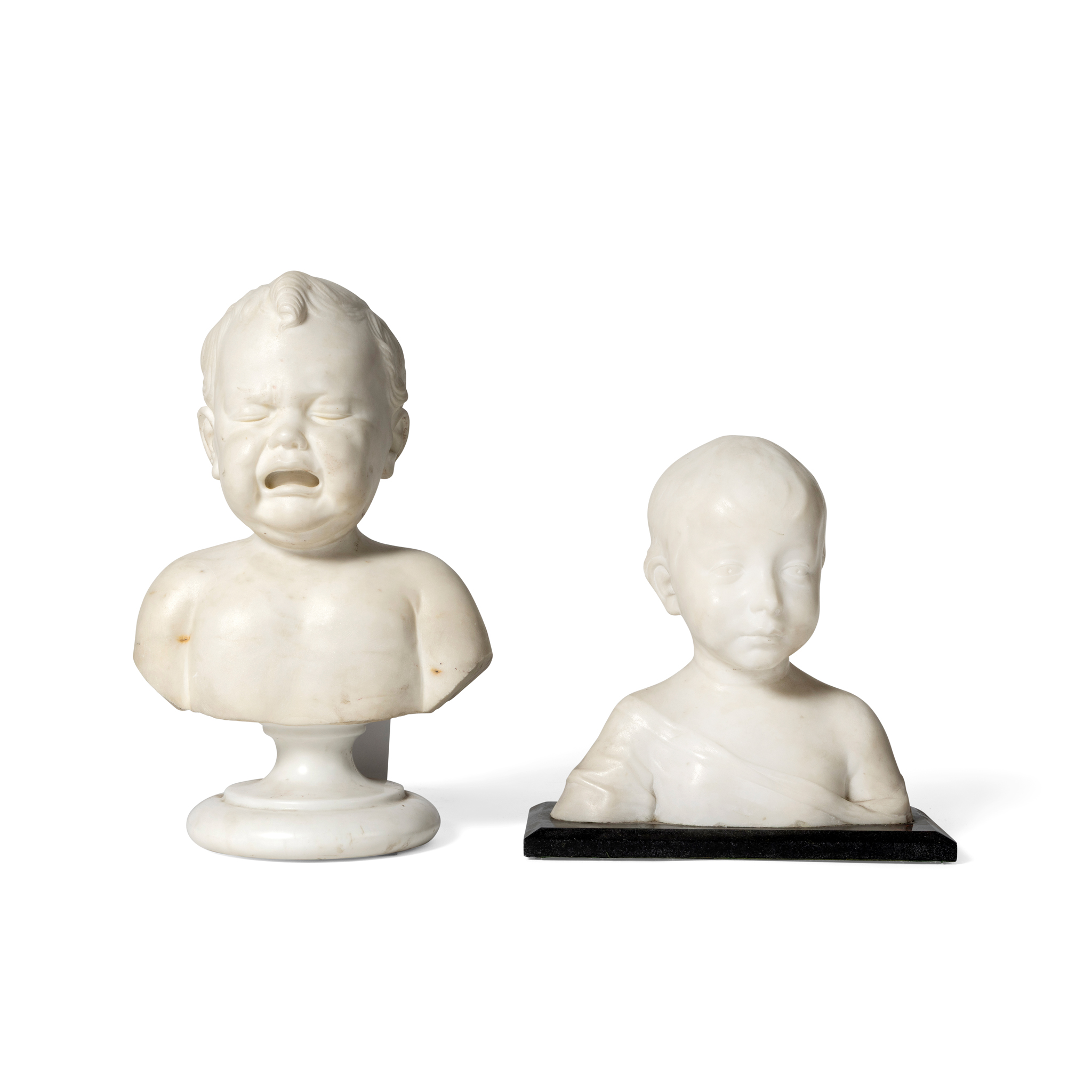 A MARBLE BUST OF A CRYING BABY BOY