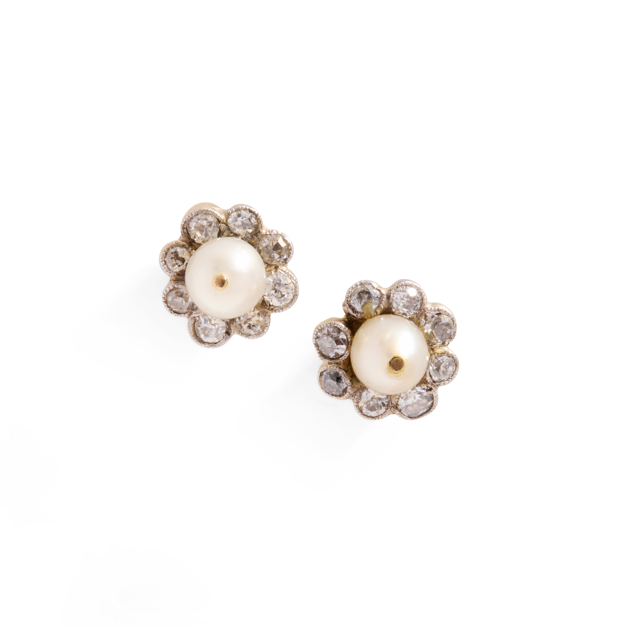 A pair of late 19th century diamond and pearl stud earrings
