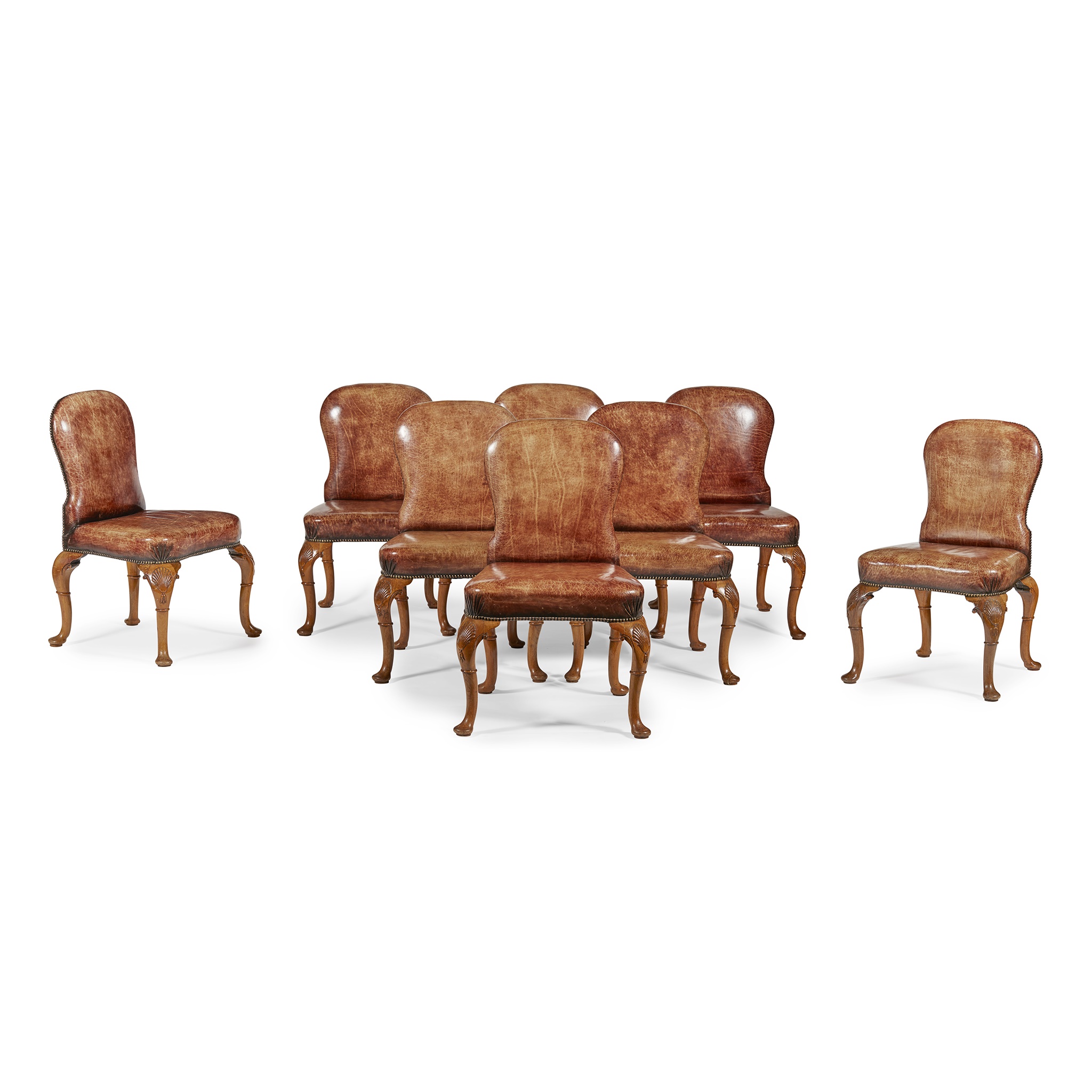 SET OF EIGHT GEORGE II STYLE WALNUT AND LEATHER DINING CHAIRS