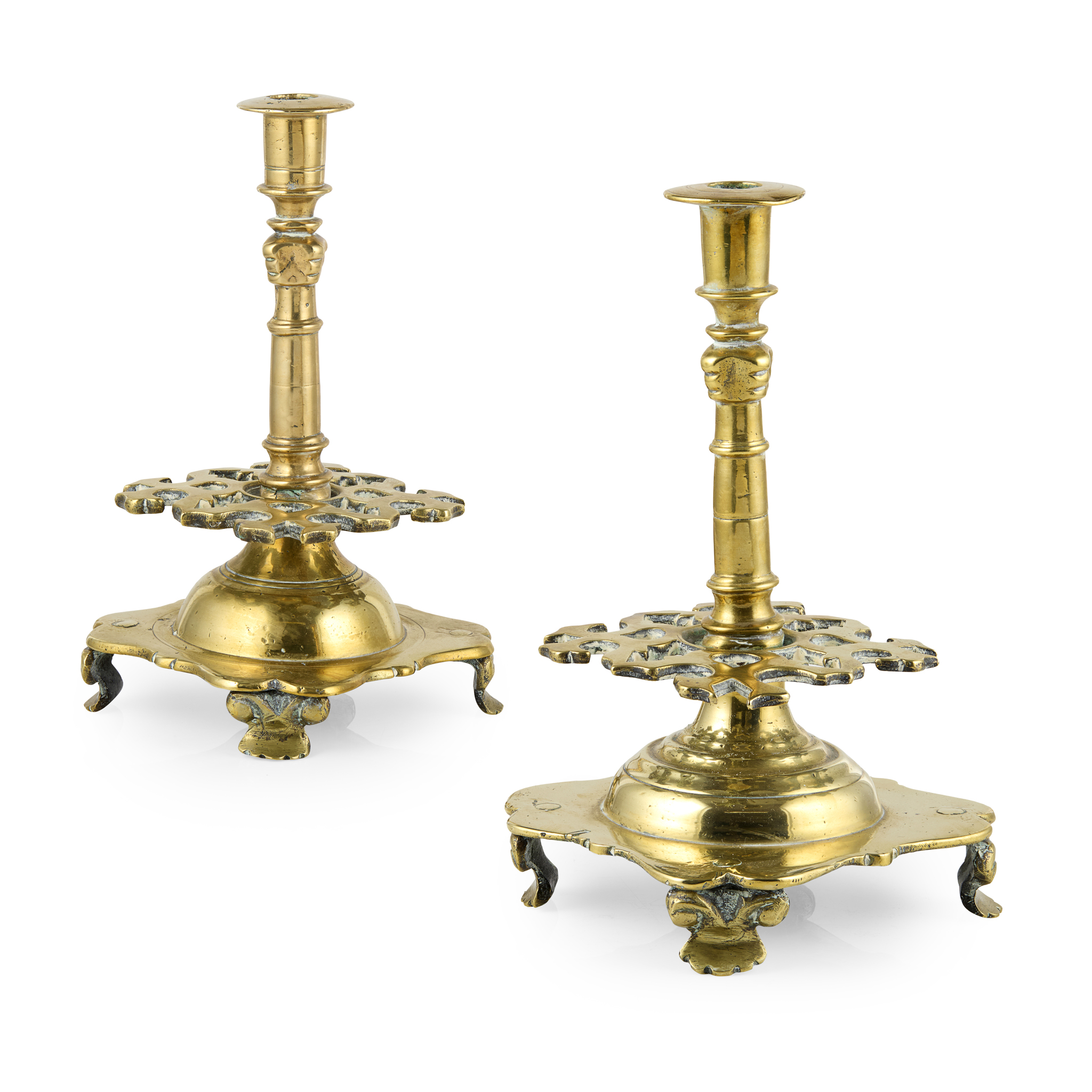 PAIR OF WILLIAM AND MARY BRASS CANDLESTICKS