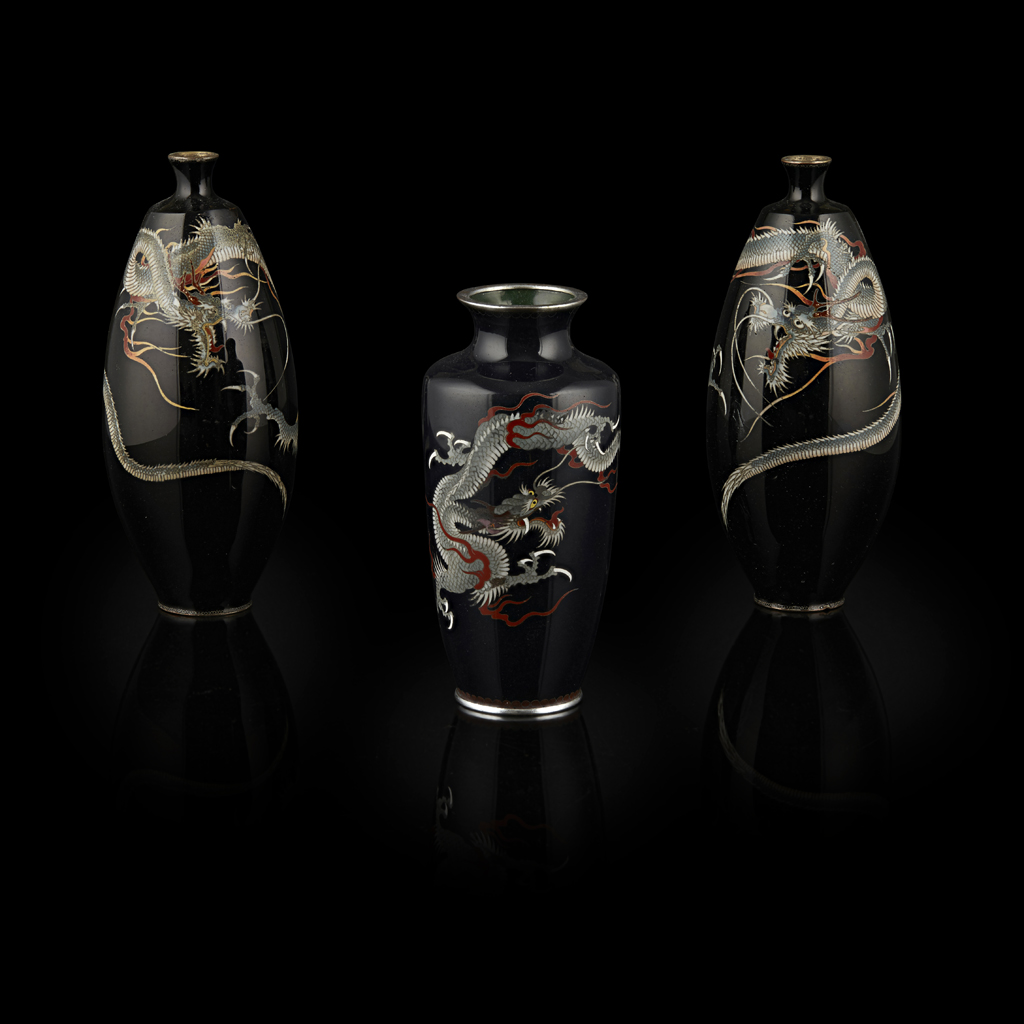 THREE CLOISONNÉ ENAMEL 'DRAGON' VASES