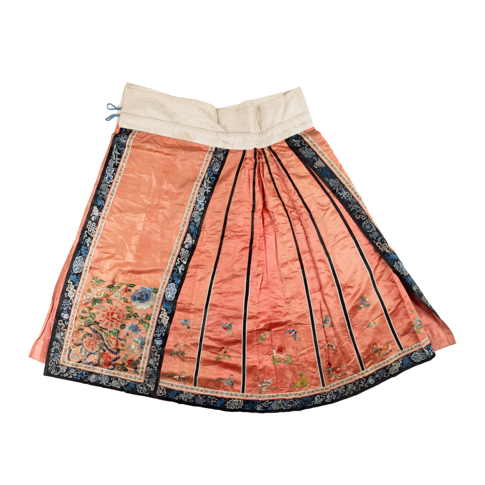 CHINESE RED-GROUND SILK EMBROIDERED PLEATED SKIRT