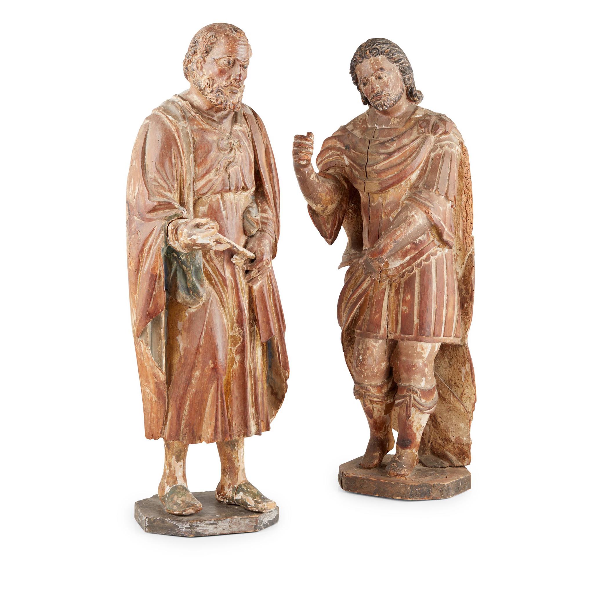 CARVED DEAL AND POLYCHROME PAINTED FIGURES OF SAINT PETER AND ST. LONGINUS, PROBABLY ITALIAN