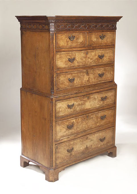 An oak and walnut veneered chest on chest,