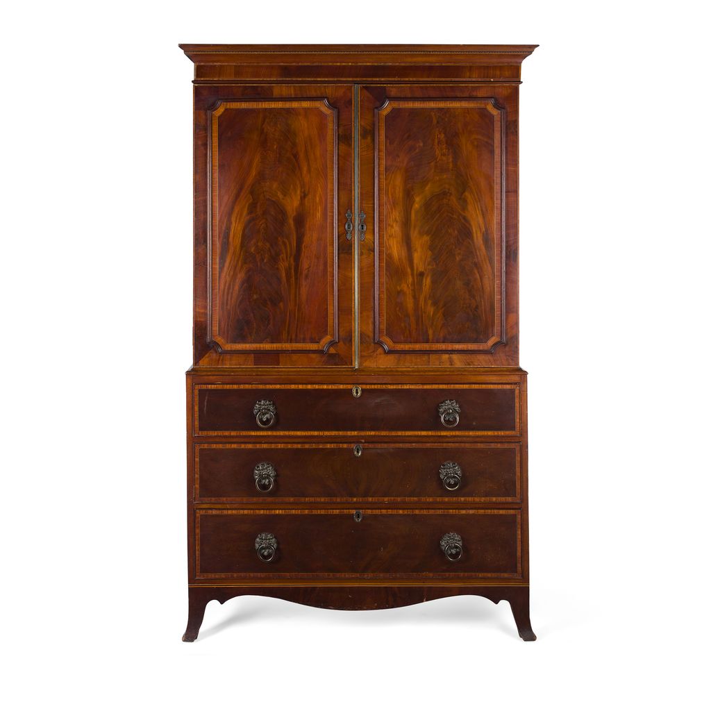 GEORGE III MAHOGANY AND SATINWOOD LINEN PRESS