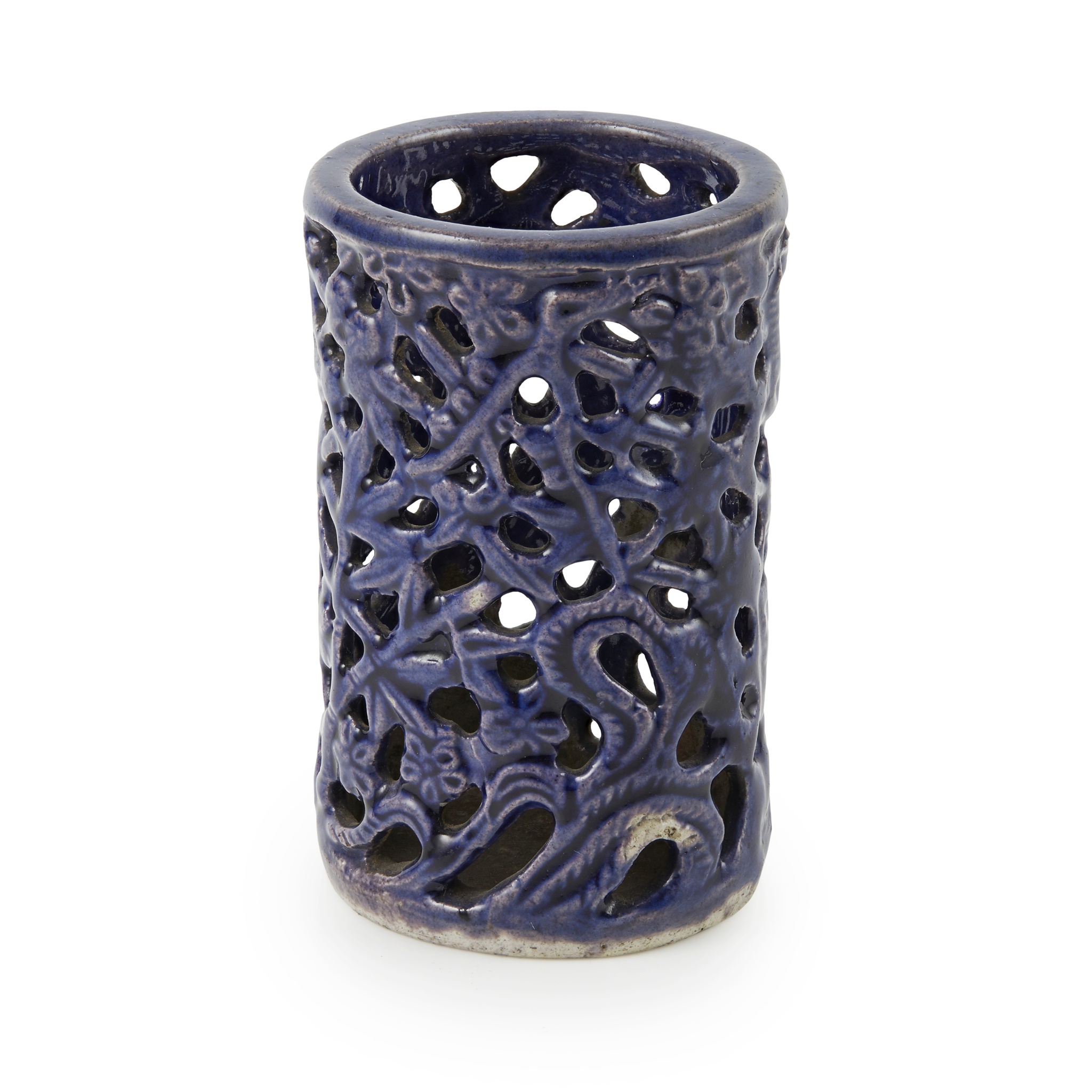 AUBERGINE-GLAZED RETICULATED BRUSH POT