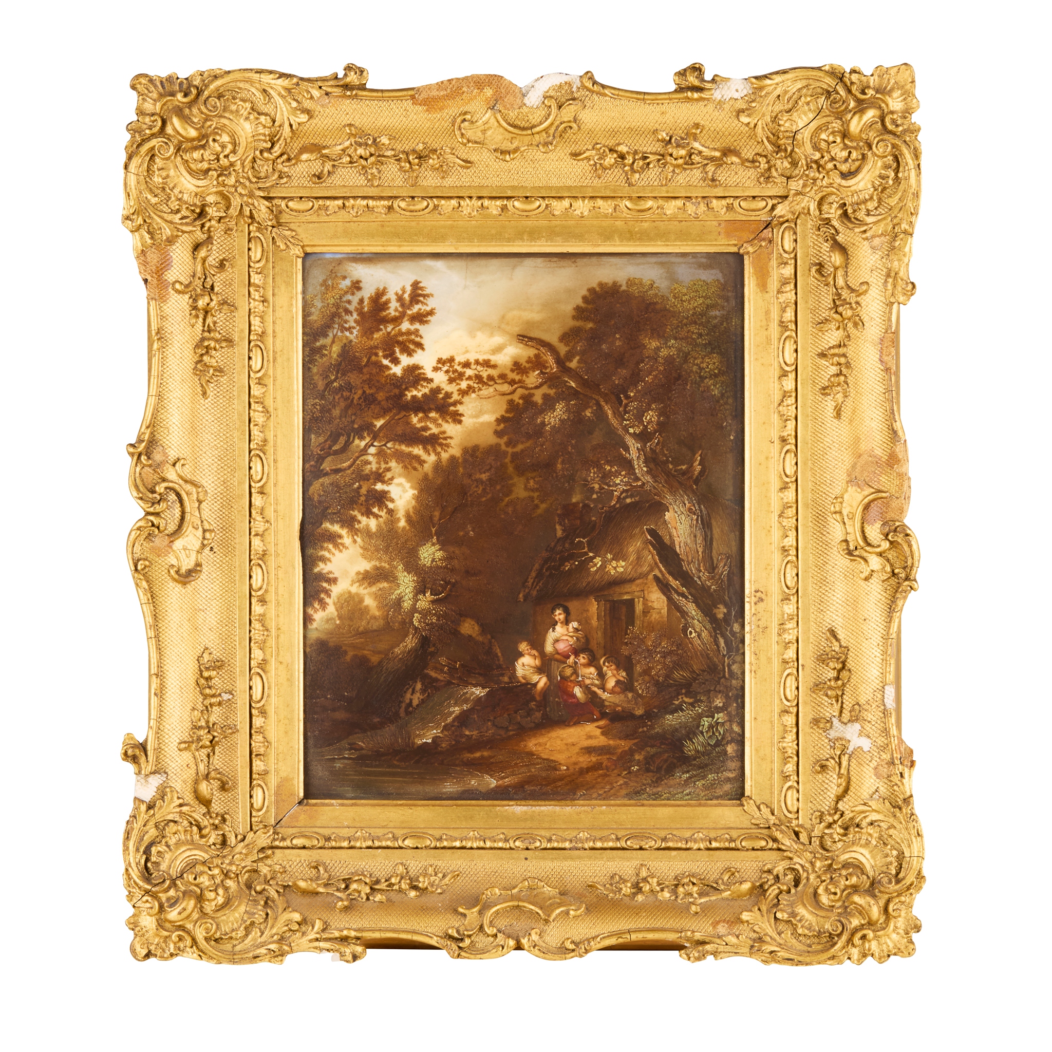 FRAMED PAINTED PORCELAIN PLAQUE, 'THE COTTAGE DOOR', AFTER THOMAS GAINSBOROUGH