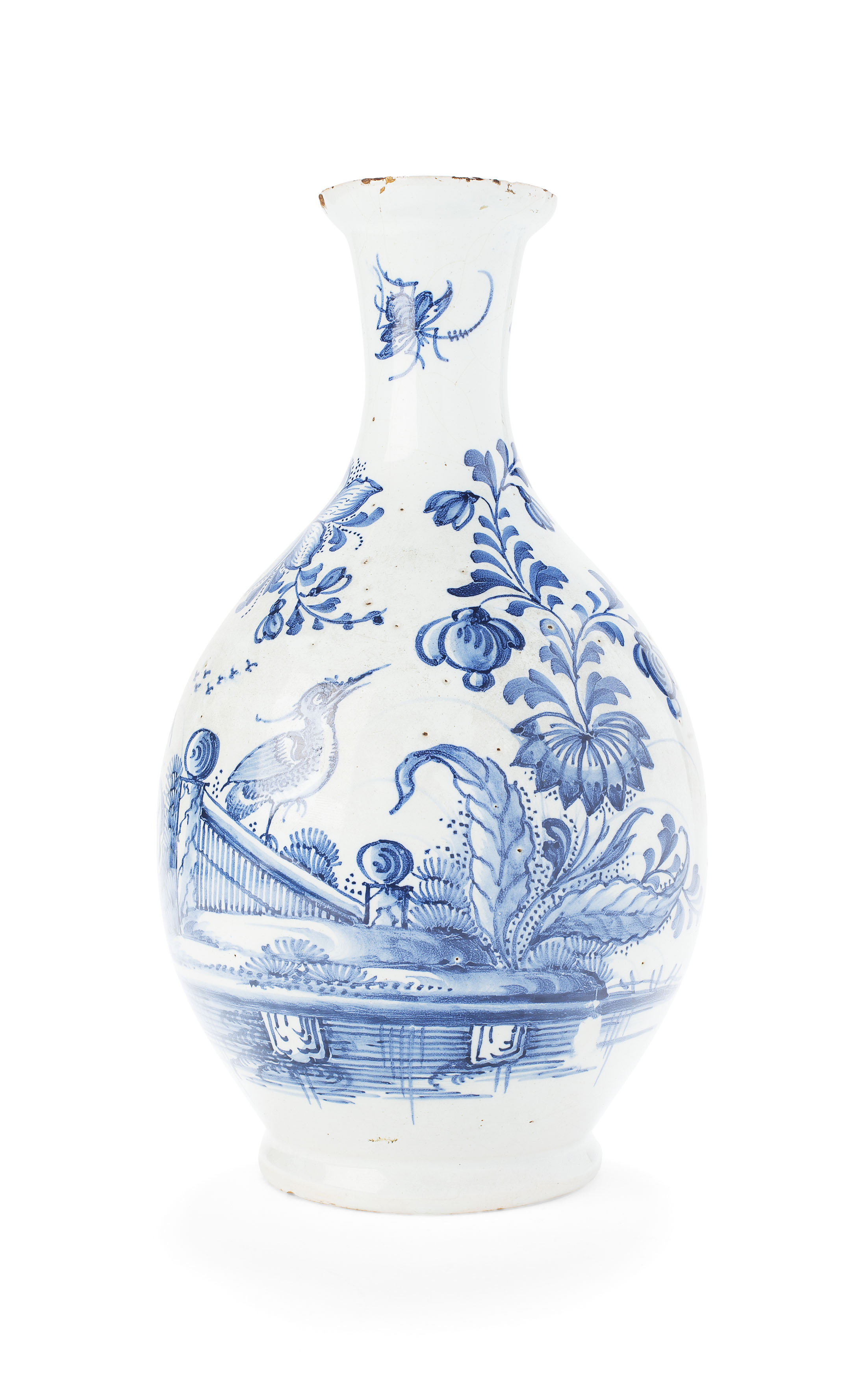 ENGLISH BLUE AND WHITE TIN-GLAZED BOTTLE