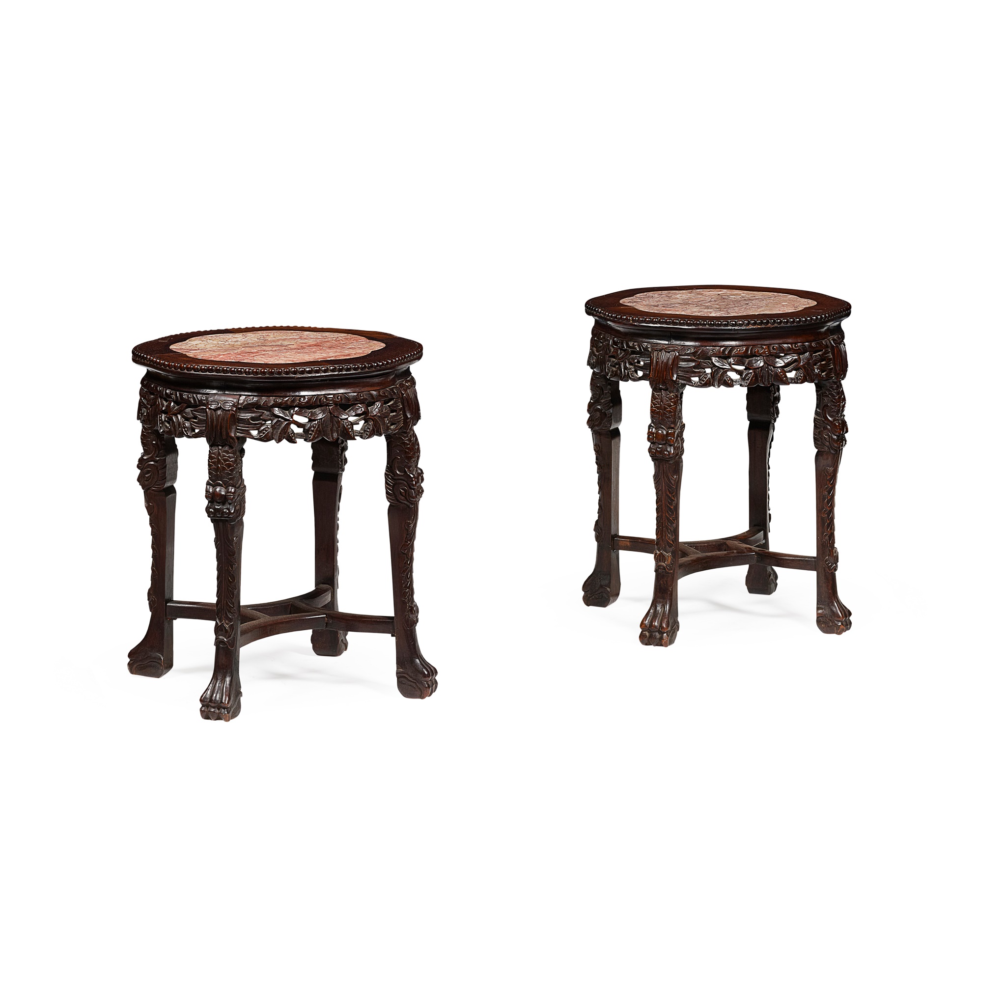 PAIR OF CHINESE HARDWOOD AND MARBLE JARDINIÈRE STANDS
