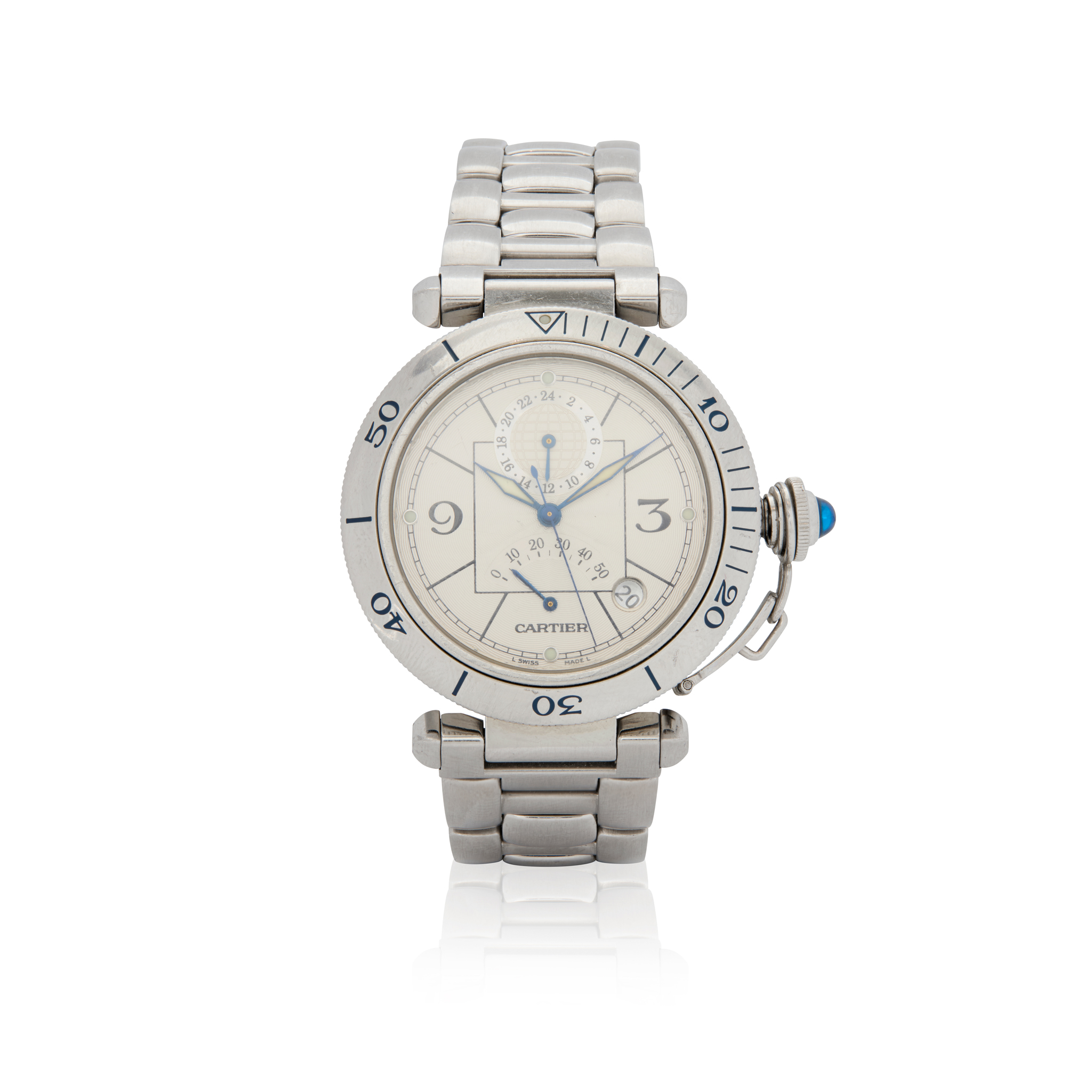 Cartier. A stainless steel automatic wristwatch with dual time and power reserve