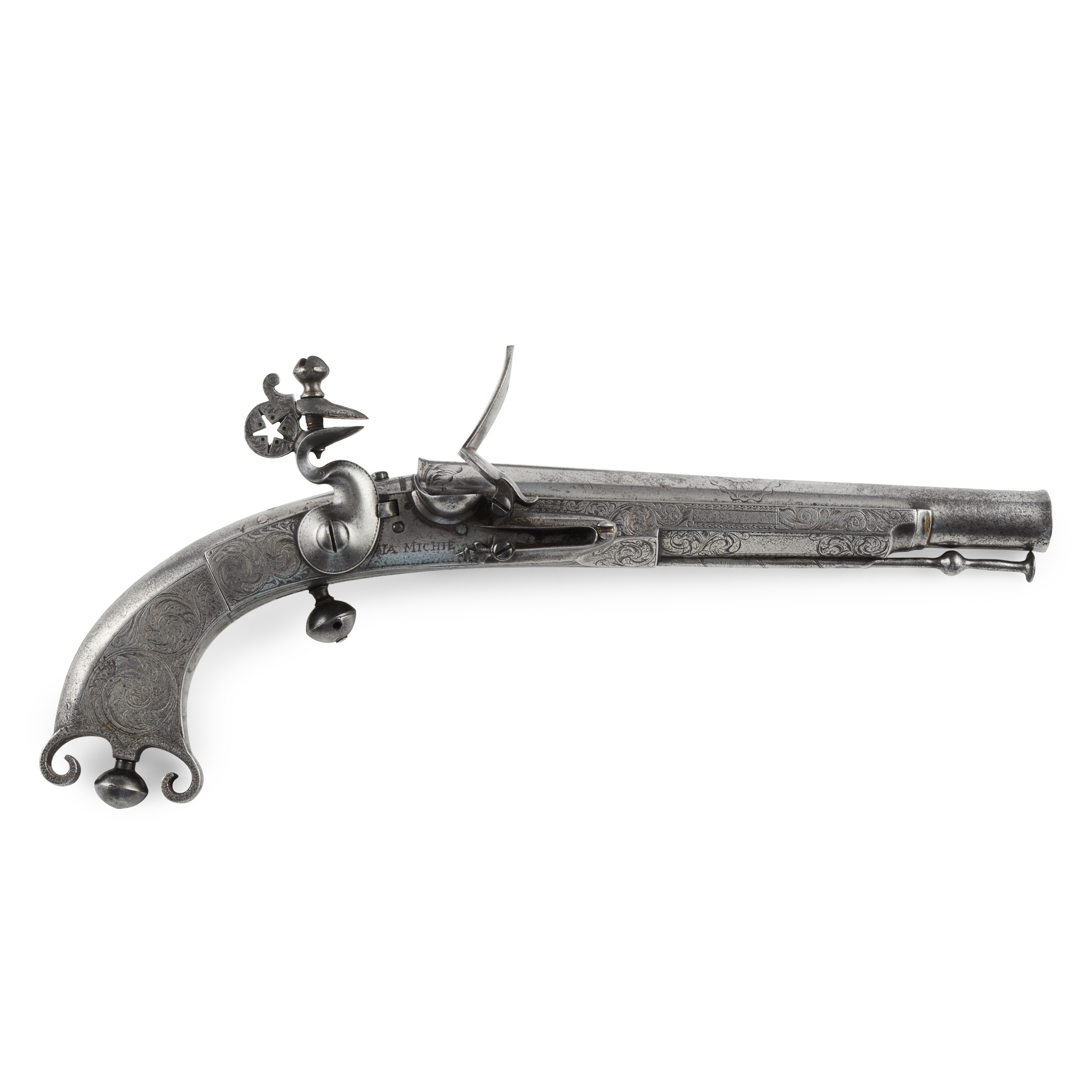 A MID-18TH CENTURY SCOTTISH FLINTLOCK ALL METAL SCROLL BUTT BELT PISTOL