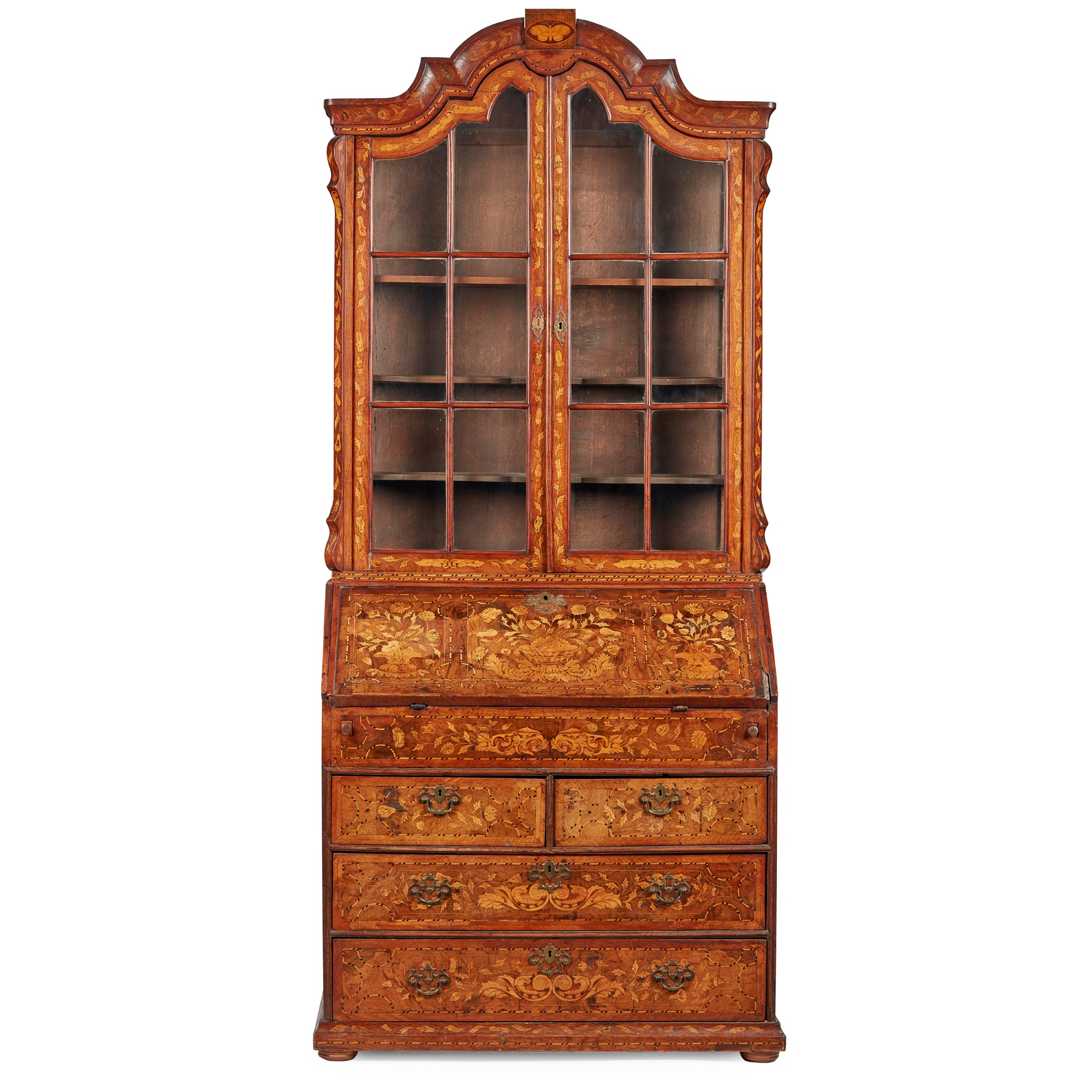 DUTCH WALNUT AND MARQUETRY BUREAU BOOKCASE