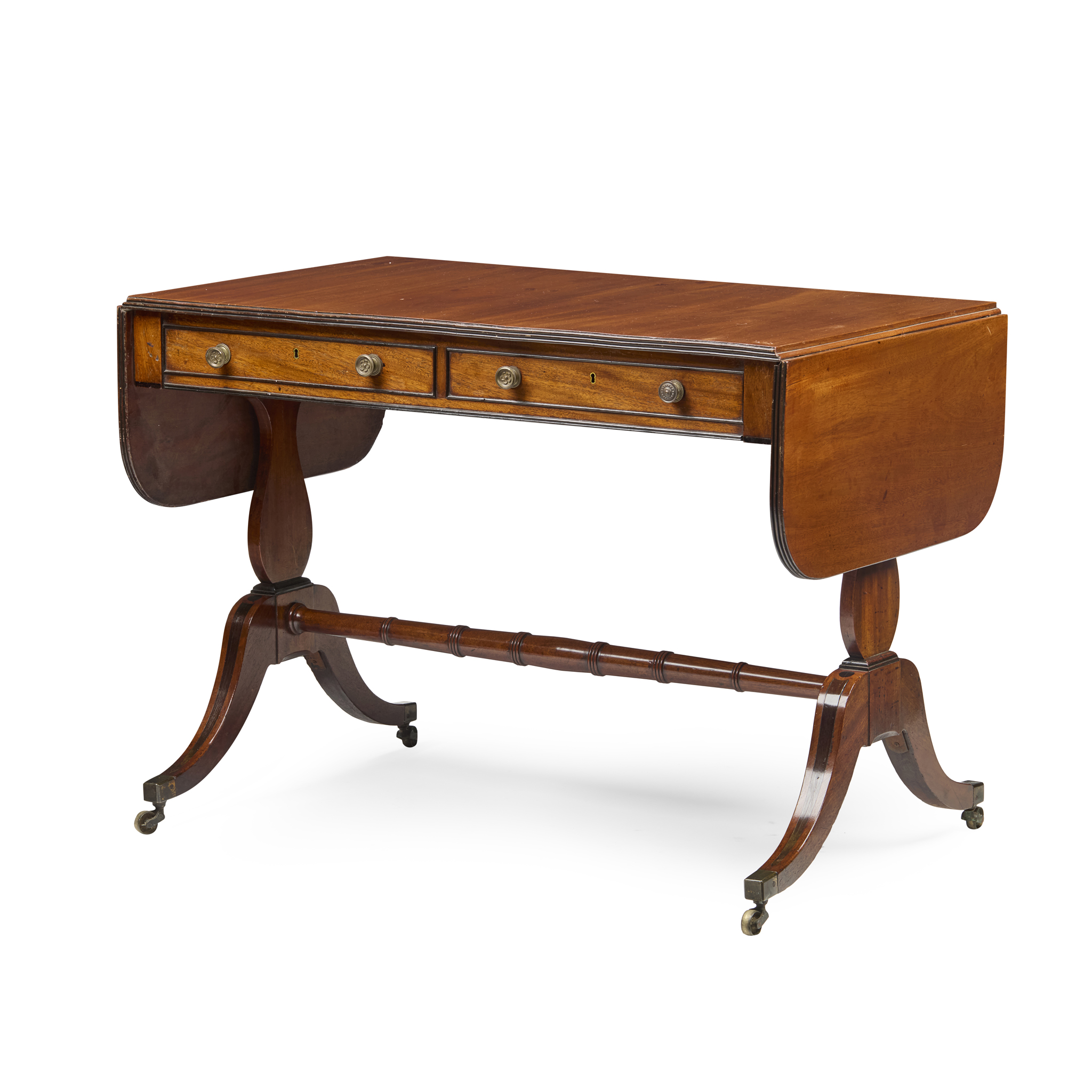 LATE GEORGE III MAHOGANY AND EBONISED FRUITWOOD SOFA TABLE