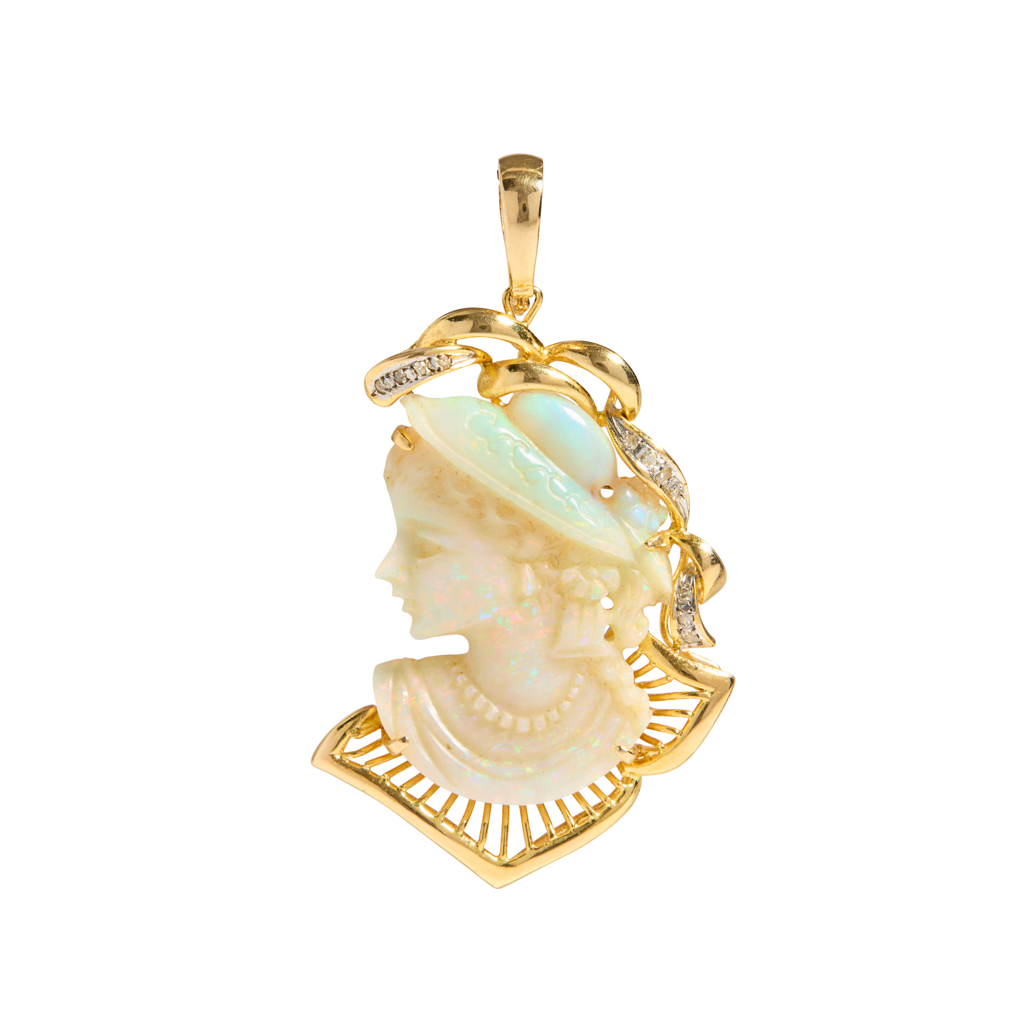 A 14ct gold carved opal and diamond pendant