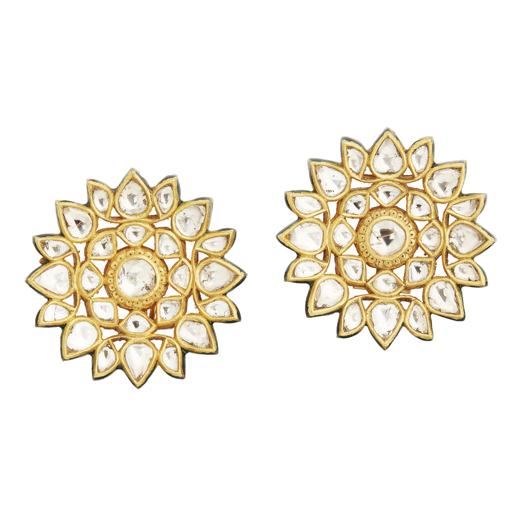 A pair of Indian diamond set and enamelled earrings