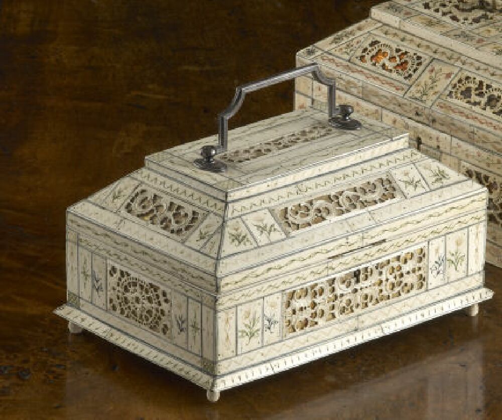 An early 19th century Russian Archangel pierced foiled back ivory veneered box