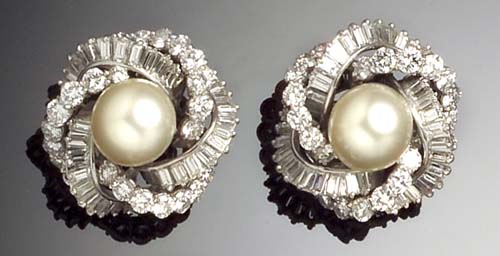A pair of cultured pearl and diamond cluster earrings,