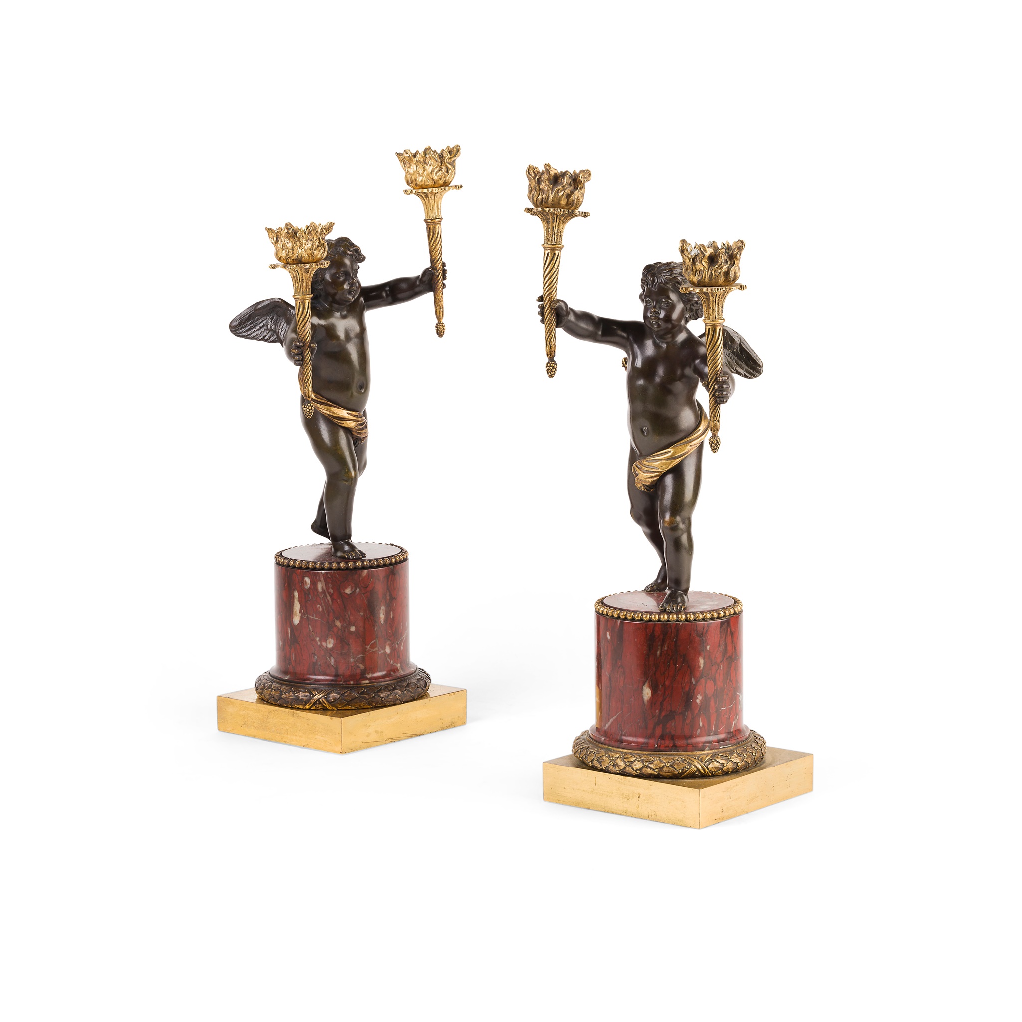 AFTER CLOIDON, PAIR OF FRENCH GILT AND PATINATED BRONZE AND MARBLE FIGURAL CANDELABRA