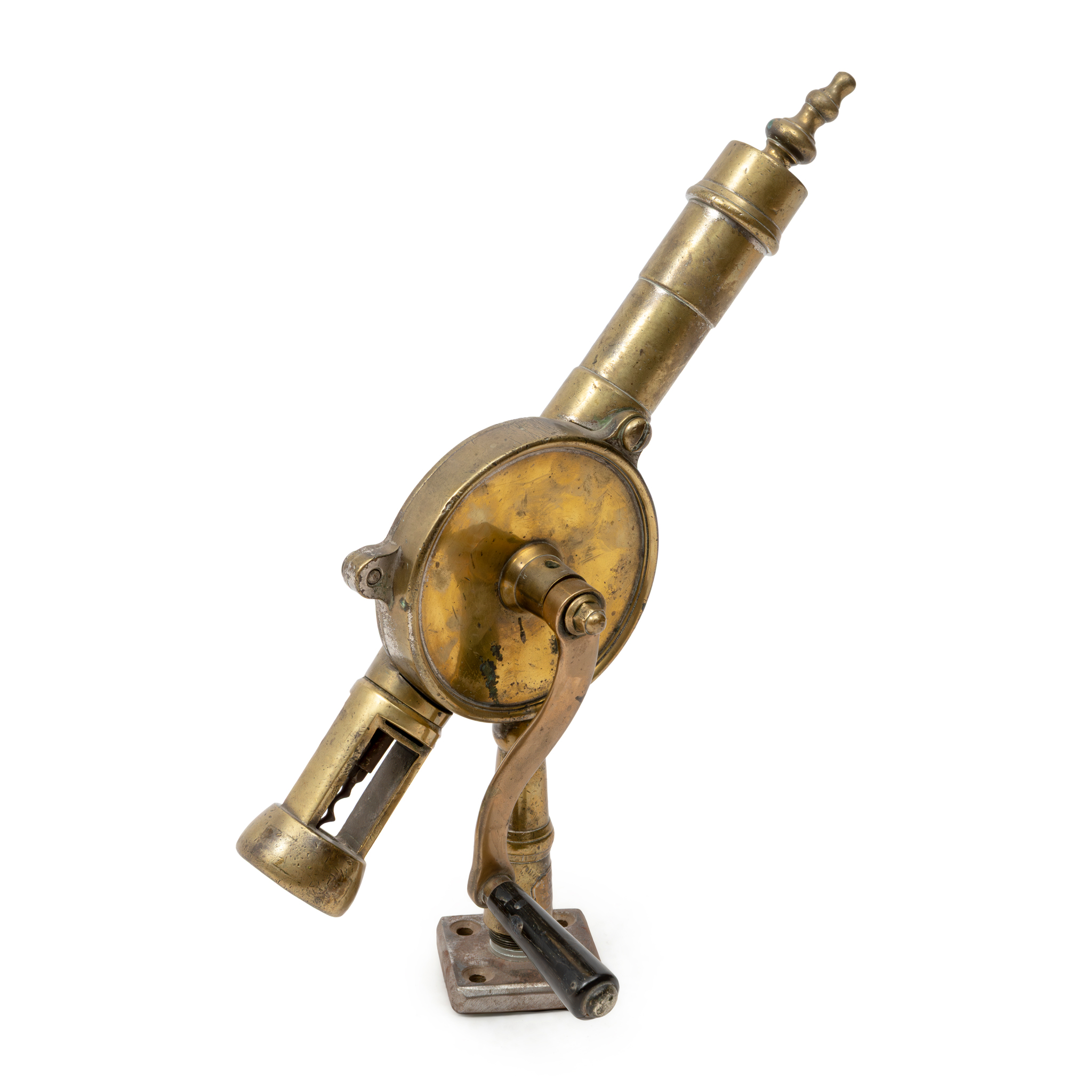 LARGE BRASS MARWOOD BAR MOUNTED CORKSCREW WITH AN EBONISED HANDLE