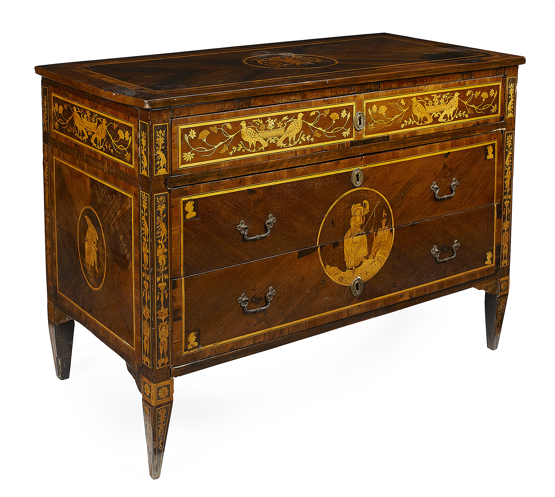 ITALIAN NEOCLASSICAL WALNUT, MARQUETRY AND CROSSBANDED COMMODE