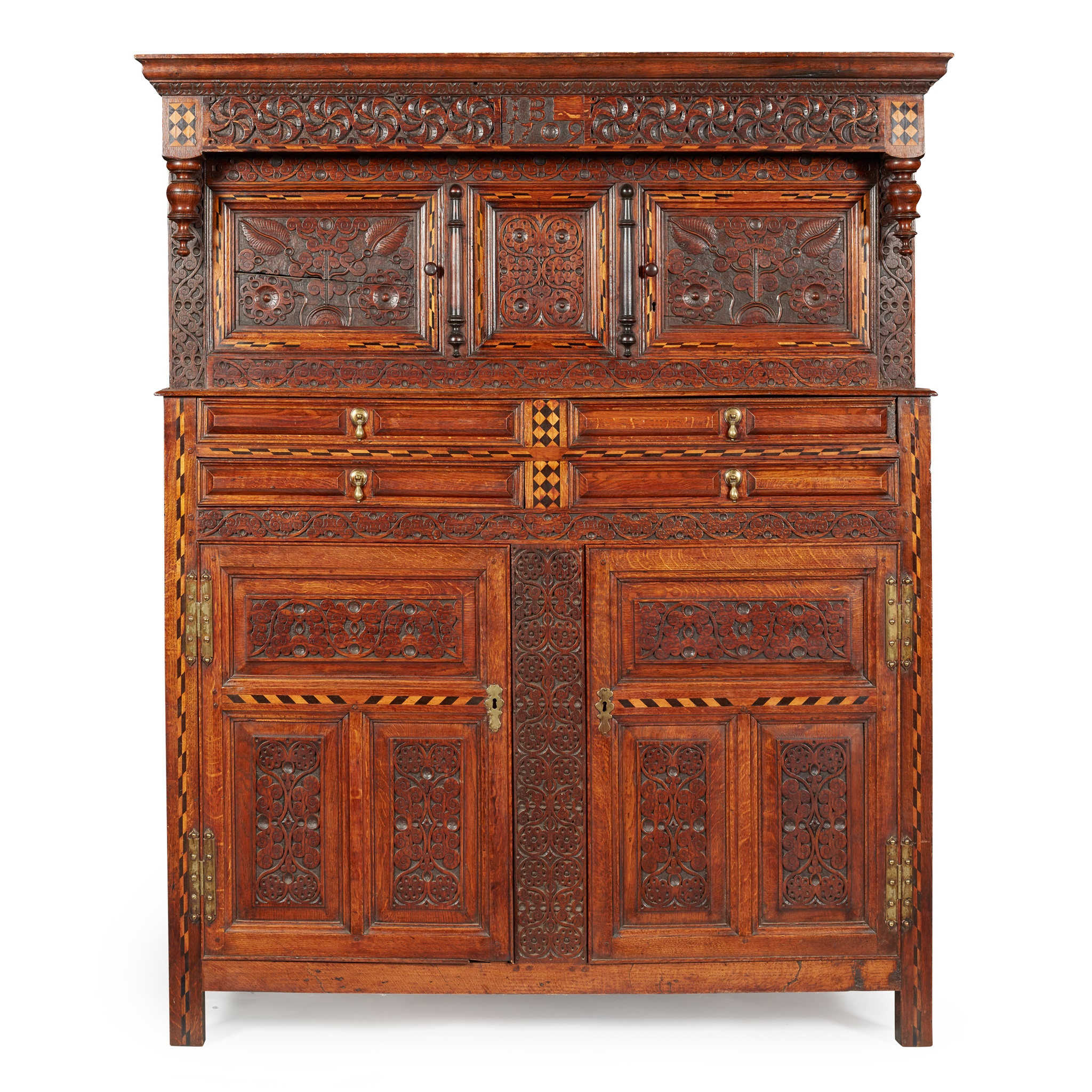 LANCASHIRE OAK AND CHEQUER STRUNG PRESS CUPBOARD