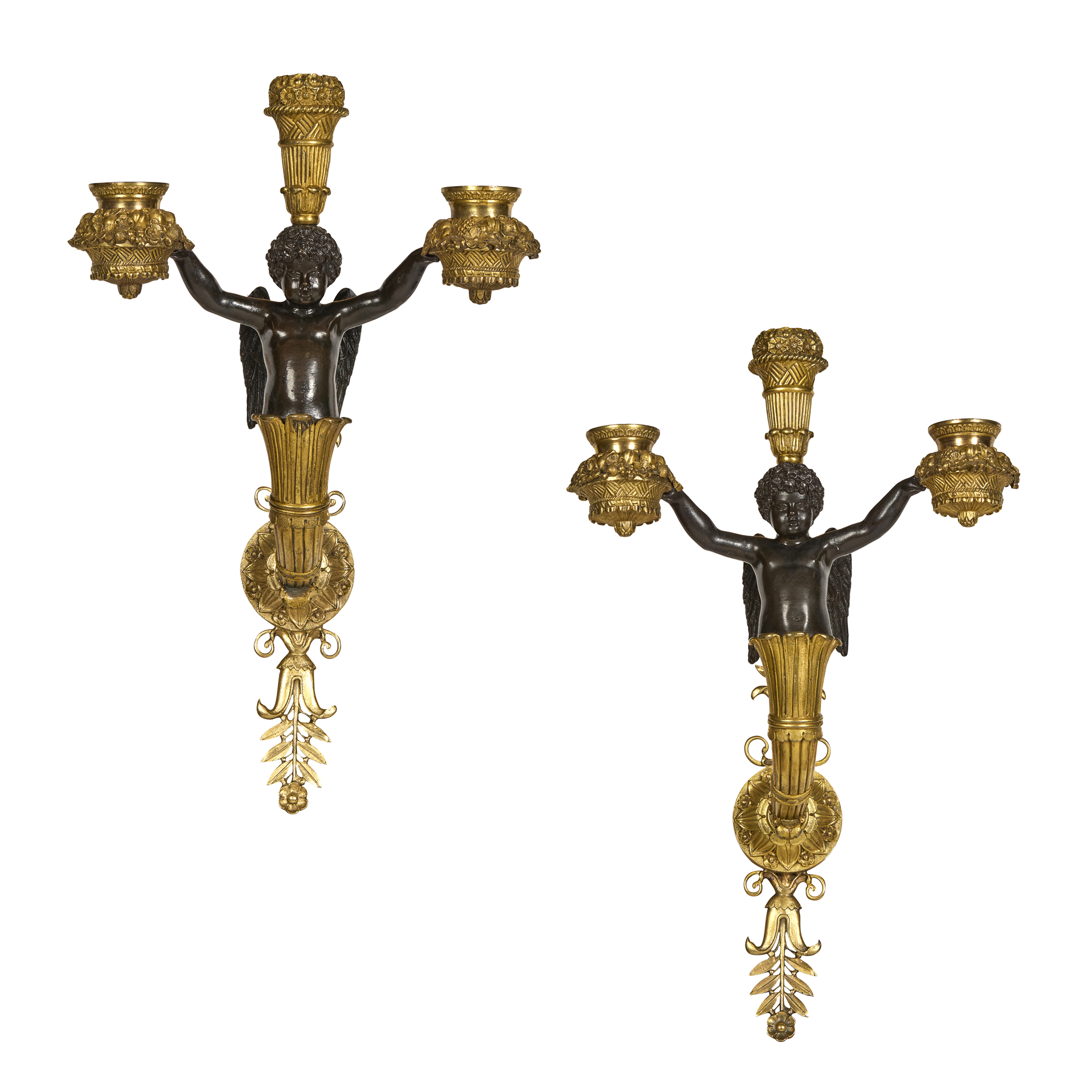 A PAIR OF FRENCH RESTAURATION GILT AND PATINATED BRONZE FIGURAL THREE LIGHT WALL LIGHTS