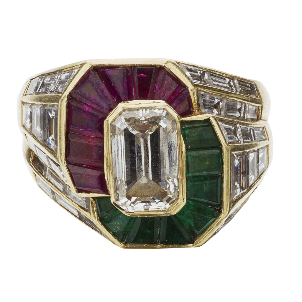 A diamond, ruby and emerald cluster ring