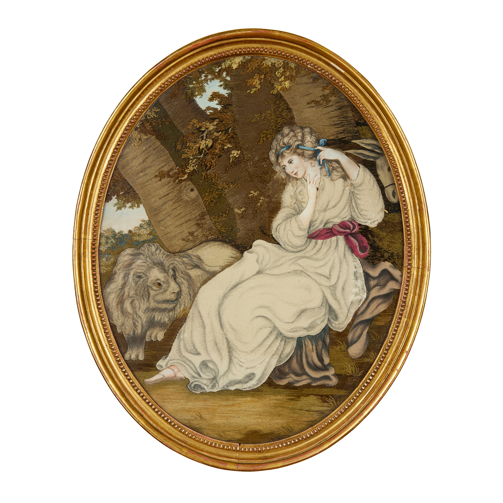 LATE GEORGE III PAINTED AND SILK NEEDLEWORK PICTURE OF UNA AND THE LION