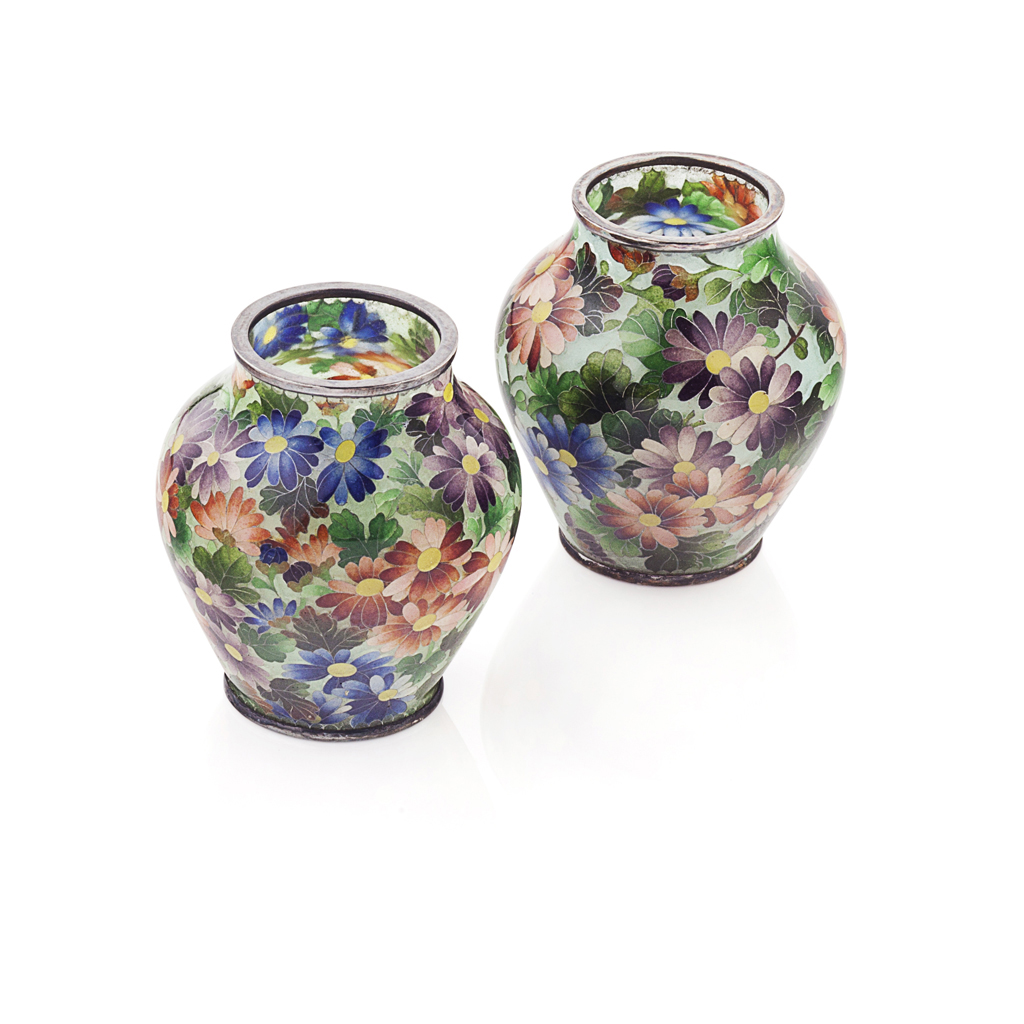 PAIR OF SMALL JAPANESE 'MILLE-FLEURS' PLIQUE-A-JOUR ENAMEL VASES