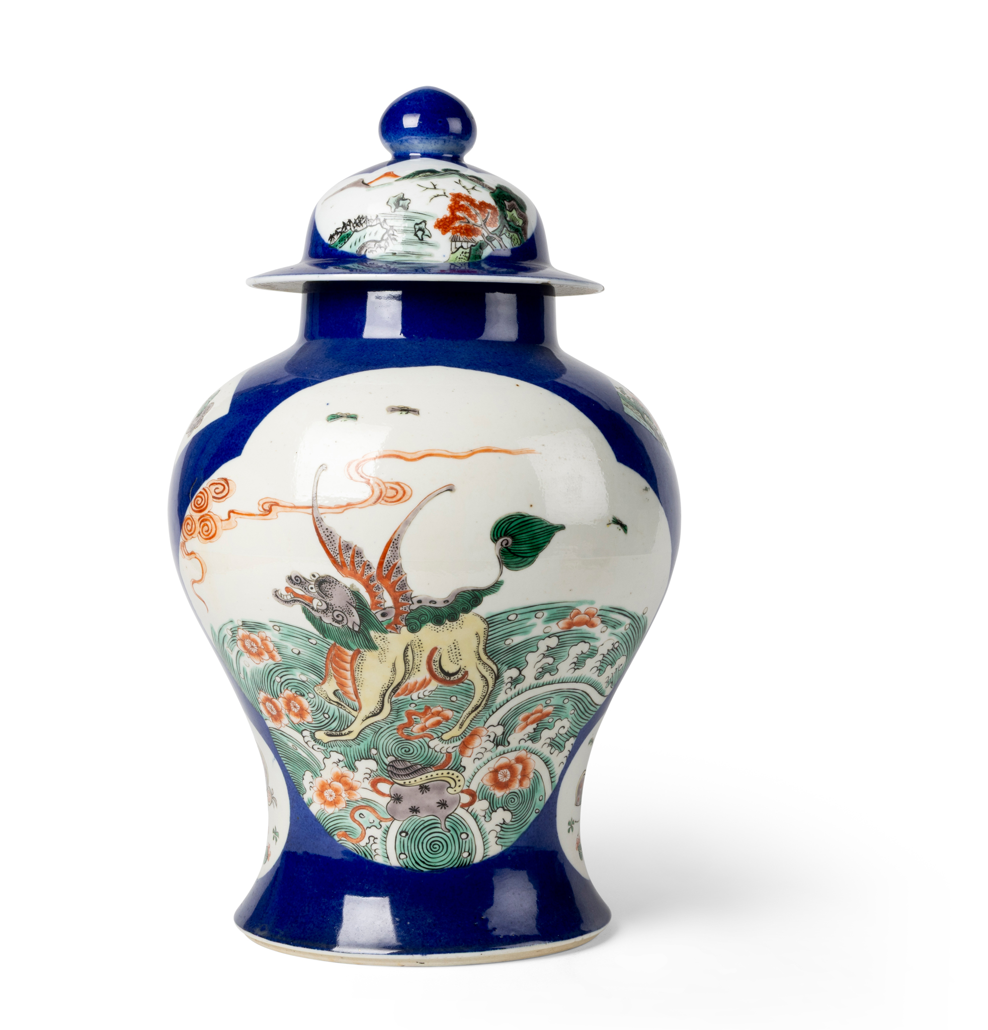 CHINESE POWDER-BLUE-GROUNED FAMILLE VERTE VASE WITH COVER