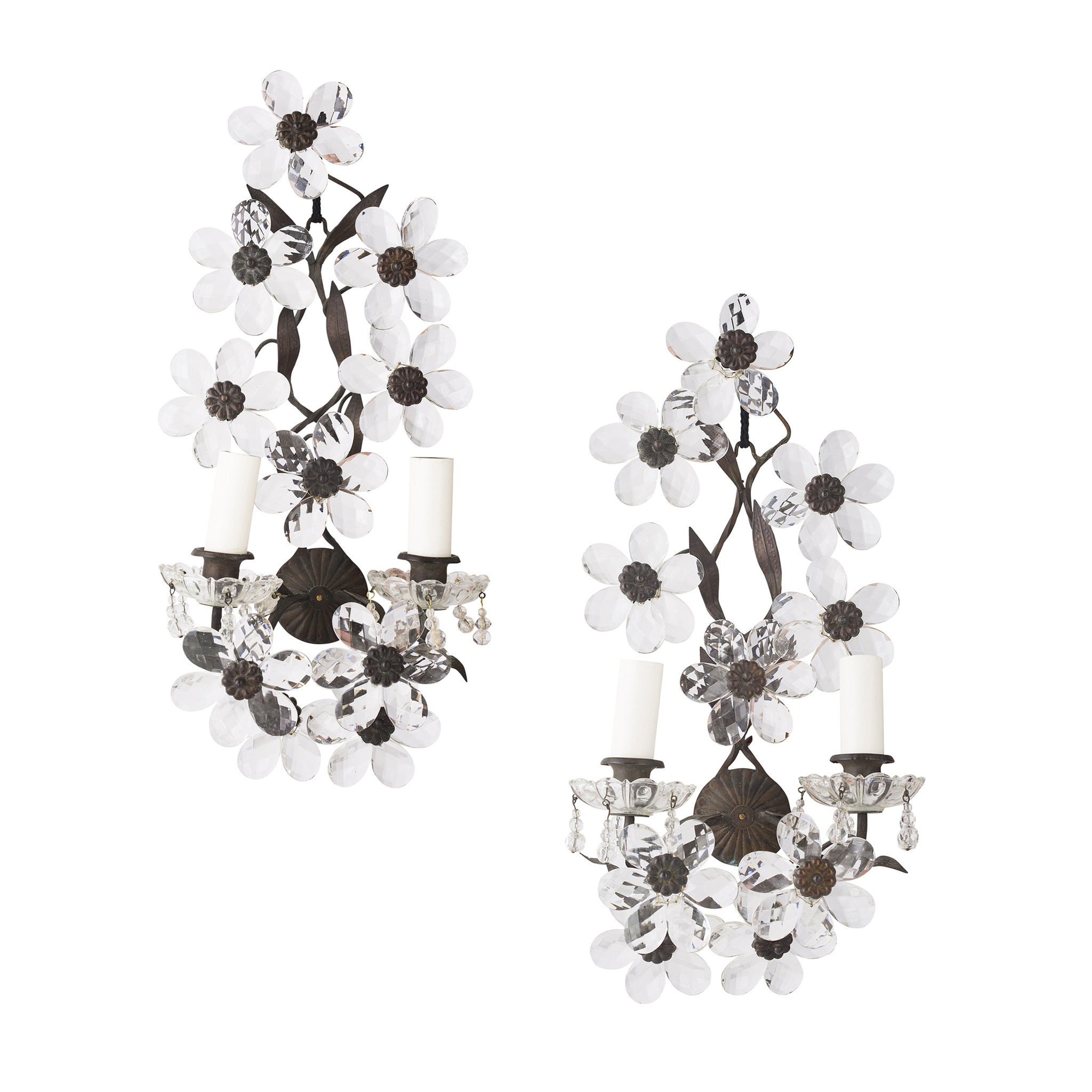 PAIR OF PATINATED BRASS AND GLASS WALL SCONCES